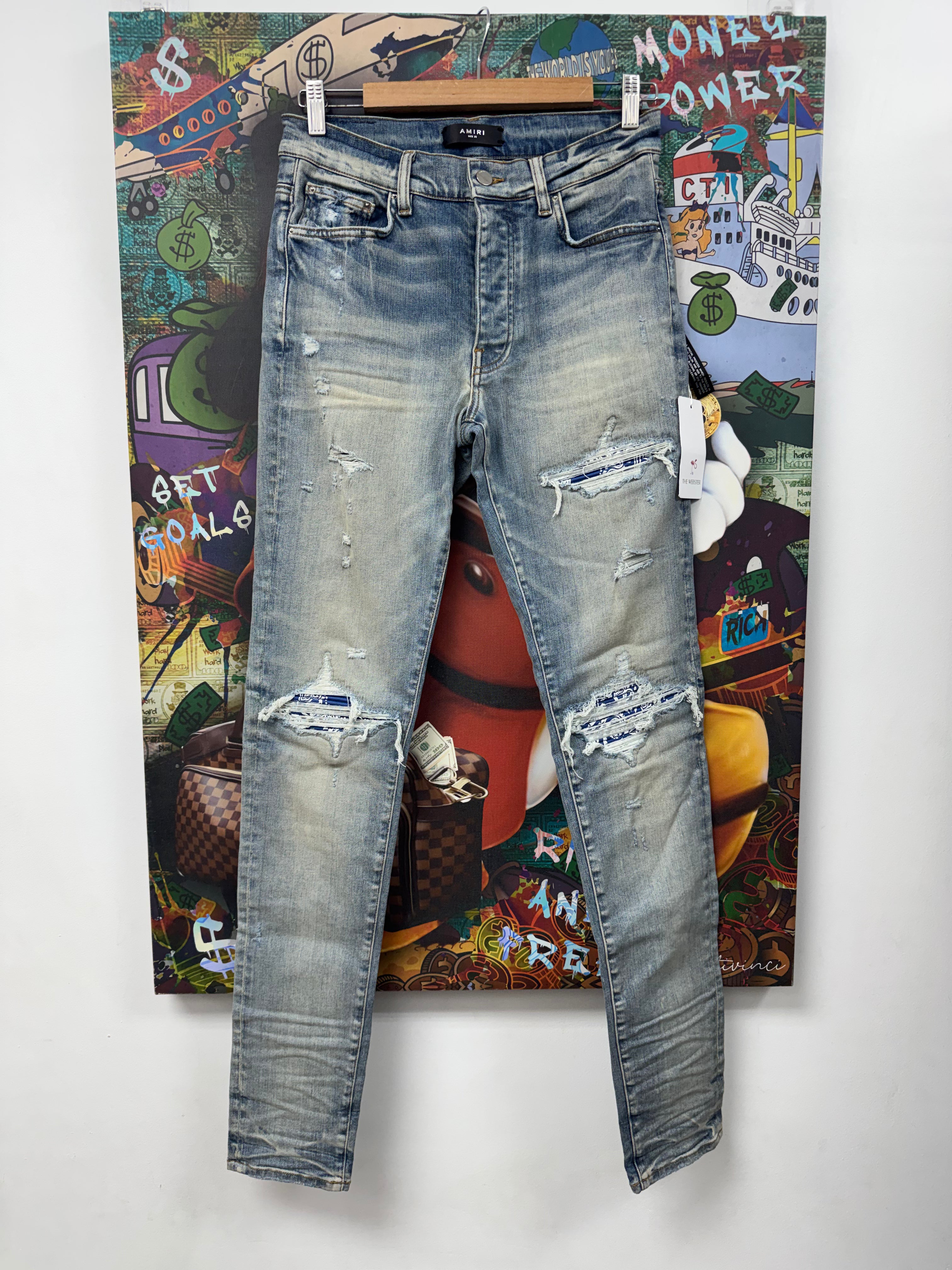 Amiri MX1 Clay Indigo Blue Paisley Patch Jeans