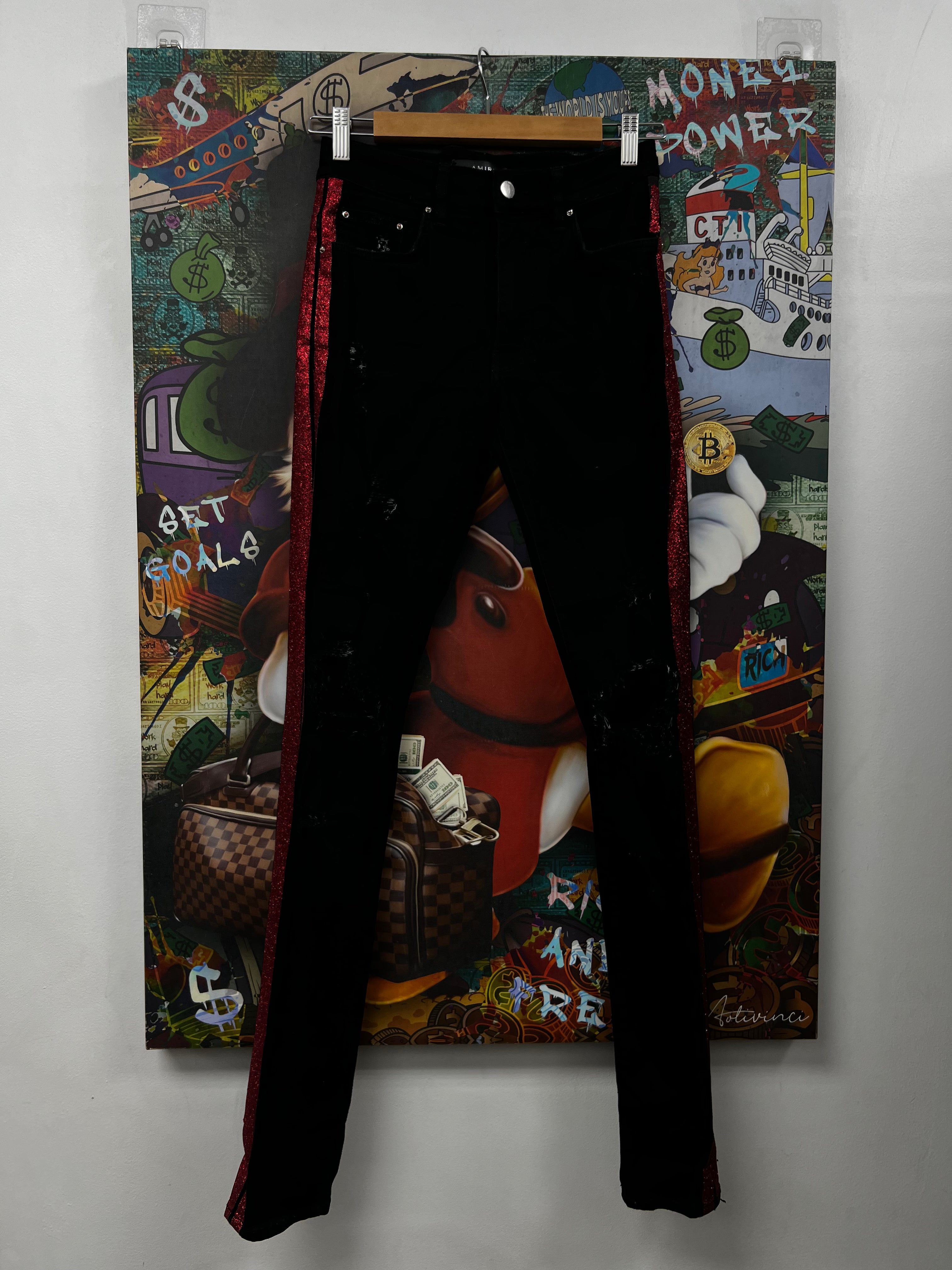 Amiri Black Red Glitter Stripe Jeans