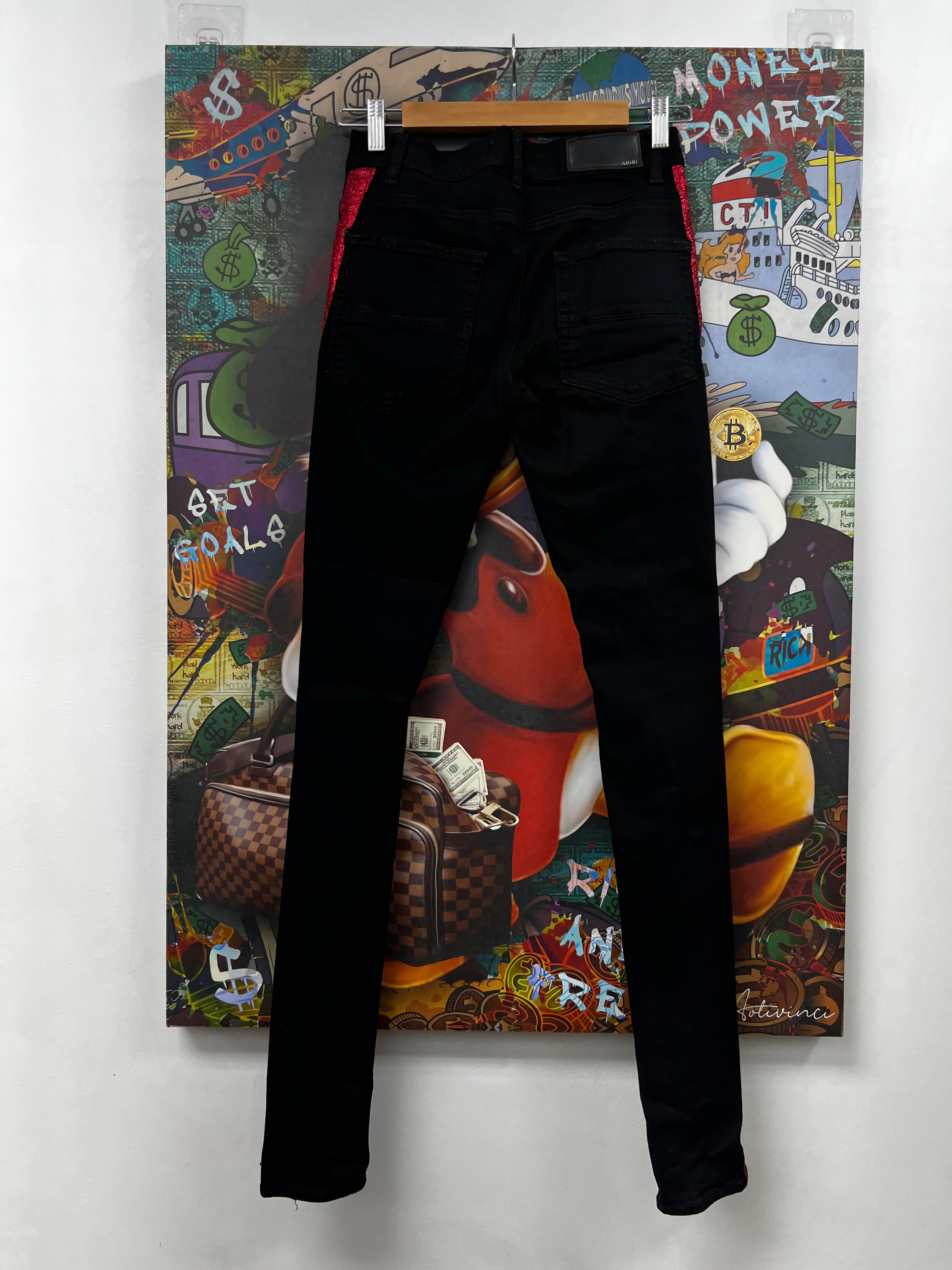Amiri Black Red Glitter Stripe Jeans