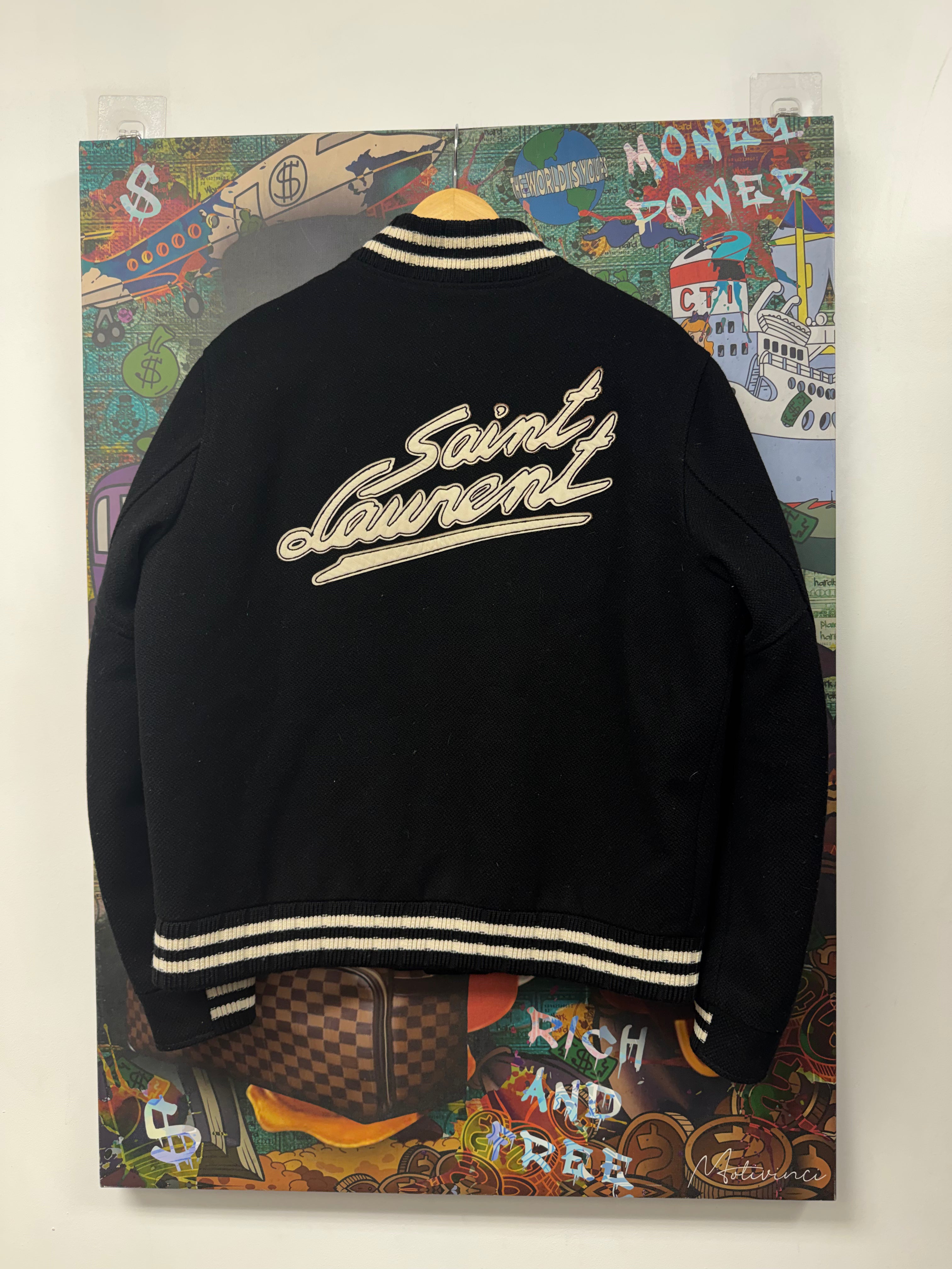 Saint Laurent Black Cream Logo Teddy Varsity Jacket