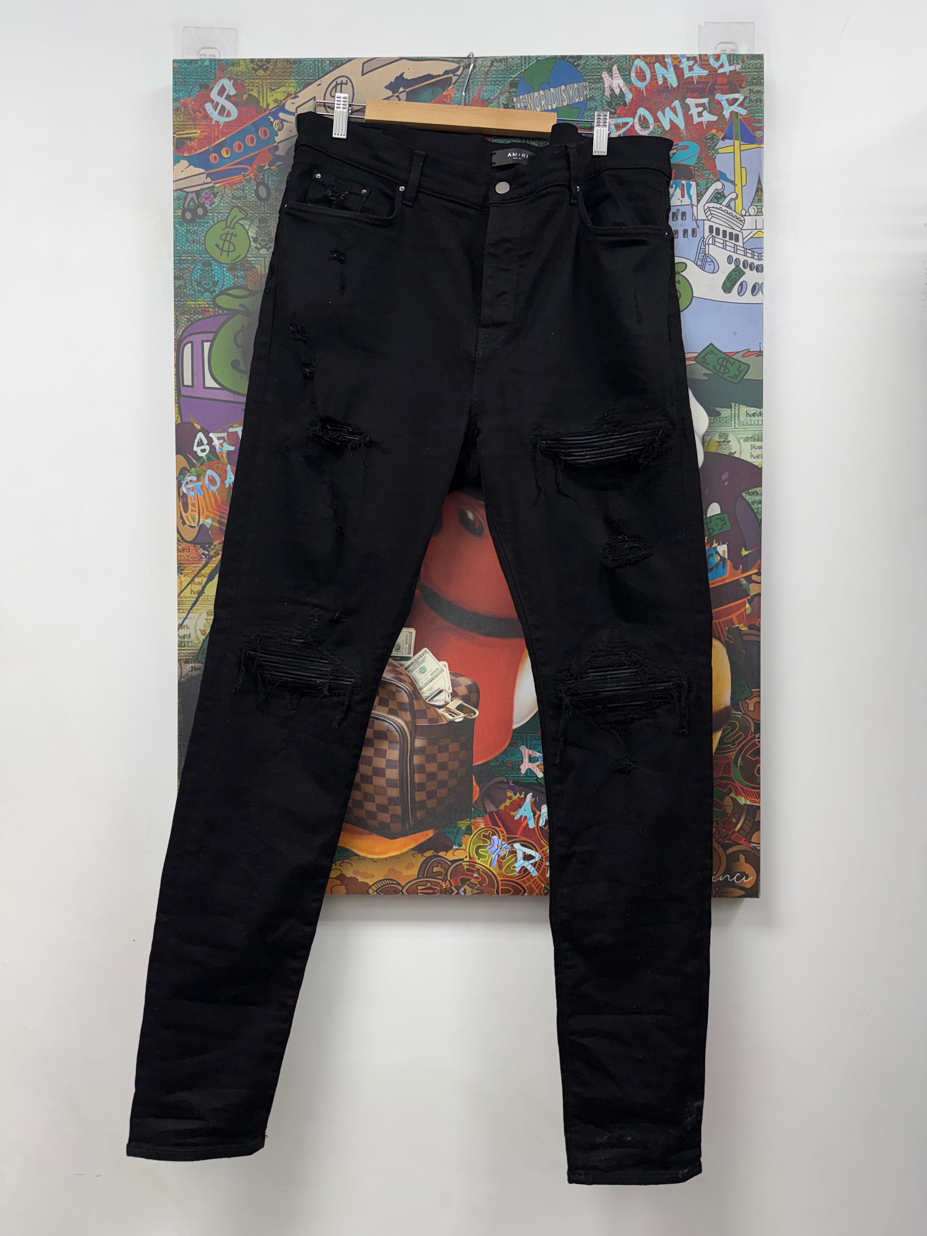 Amiri MX1 Black Black Leather Patch Jeans