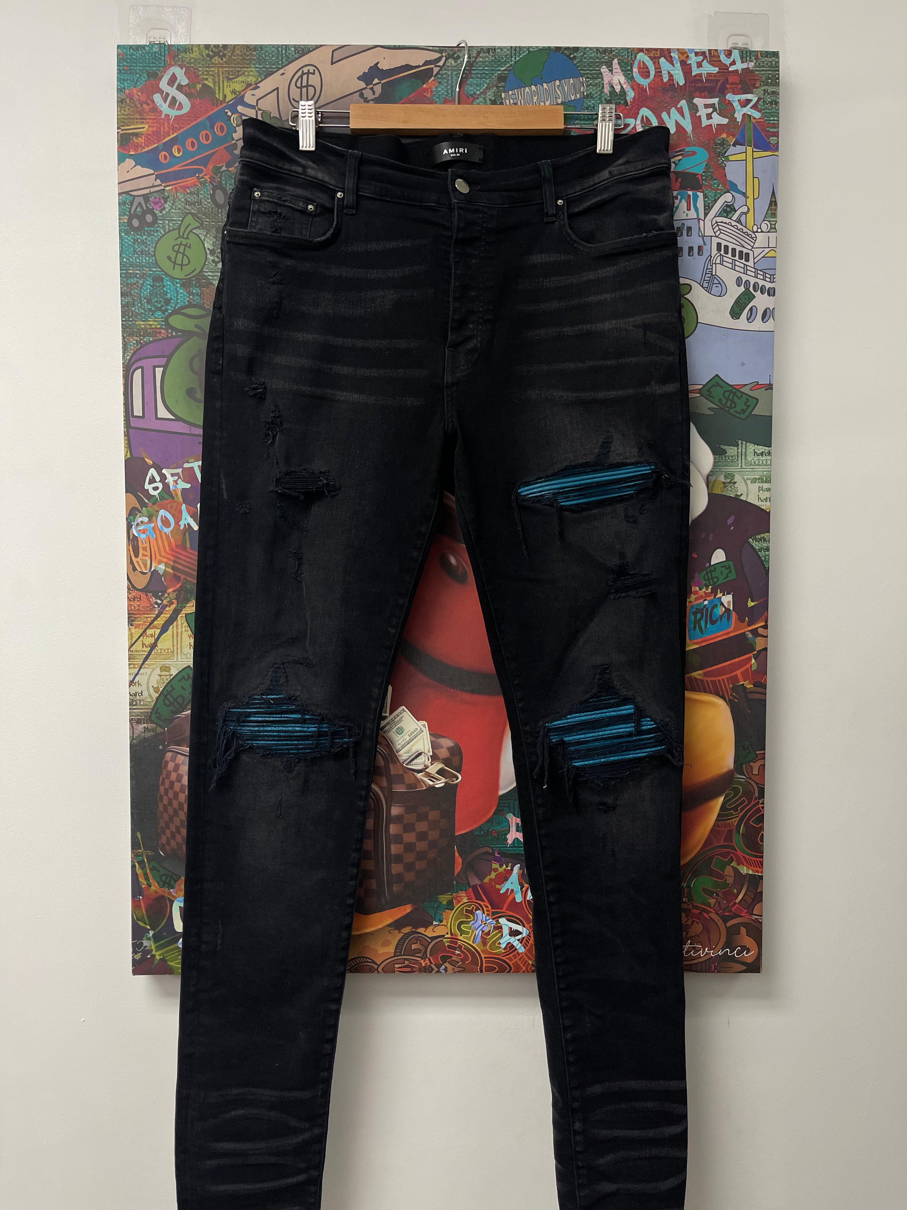 Amiri MX1 Black Blue Crackle Jeans Used