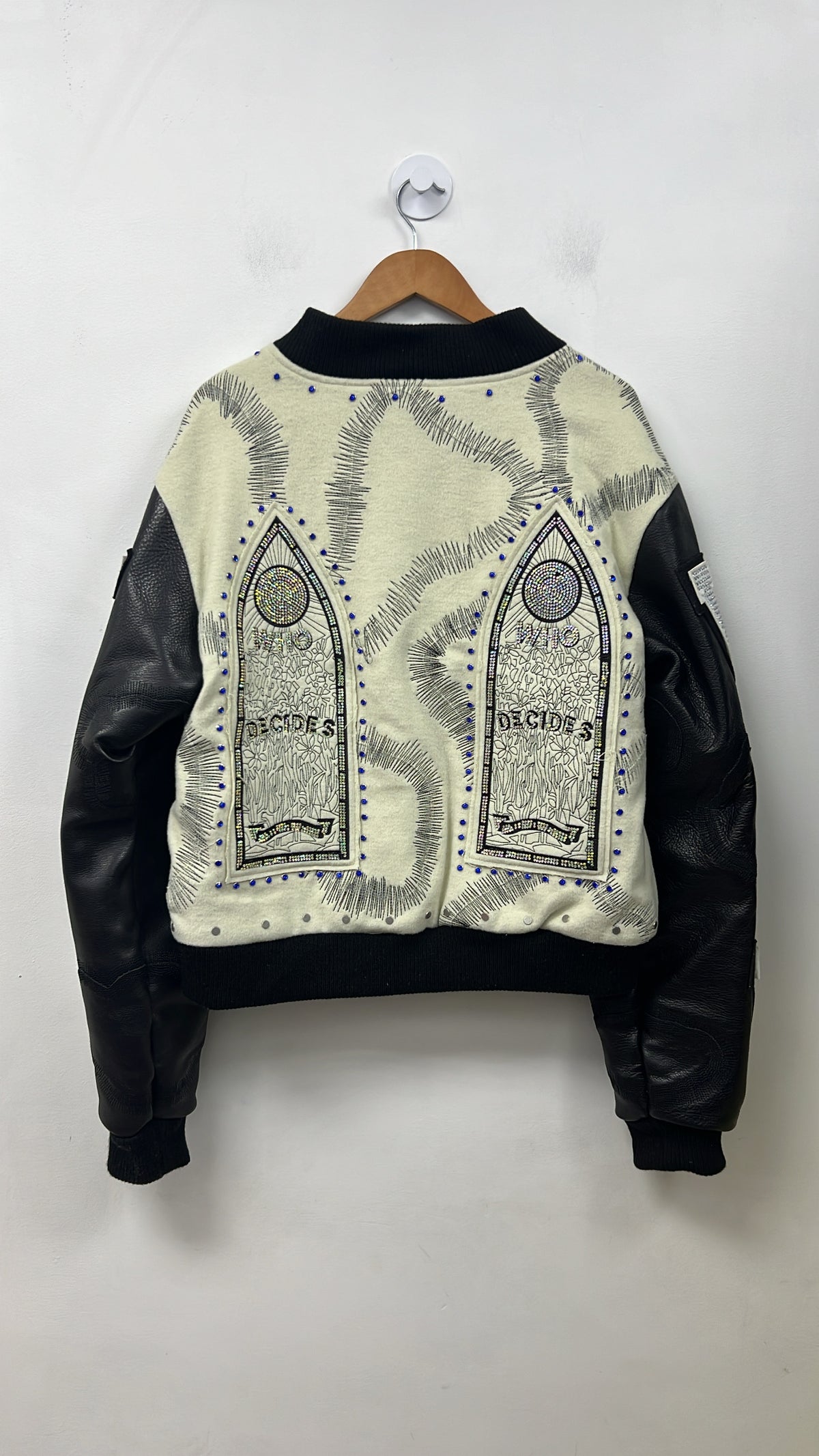 Who Decides War Black Cream Rhinestone Studded Varsity Jacket