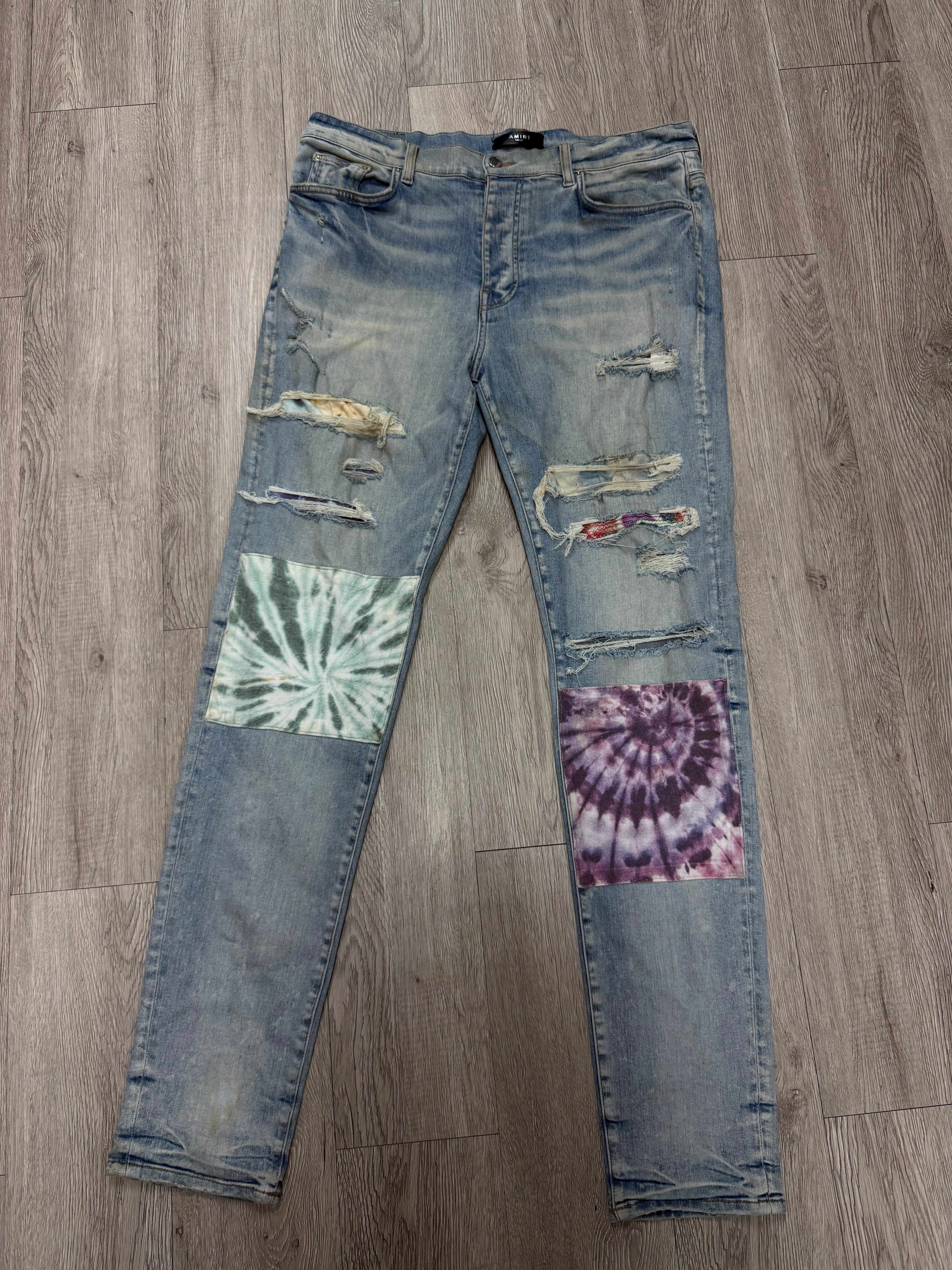 Amiri Light Wash Tie Dye Multi Patchwork Jeans