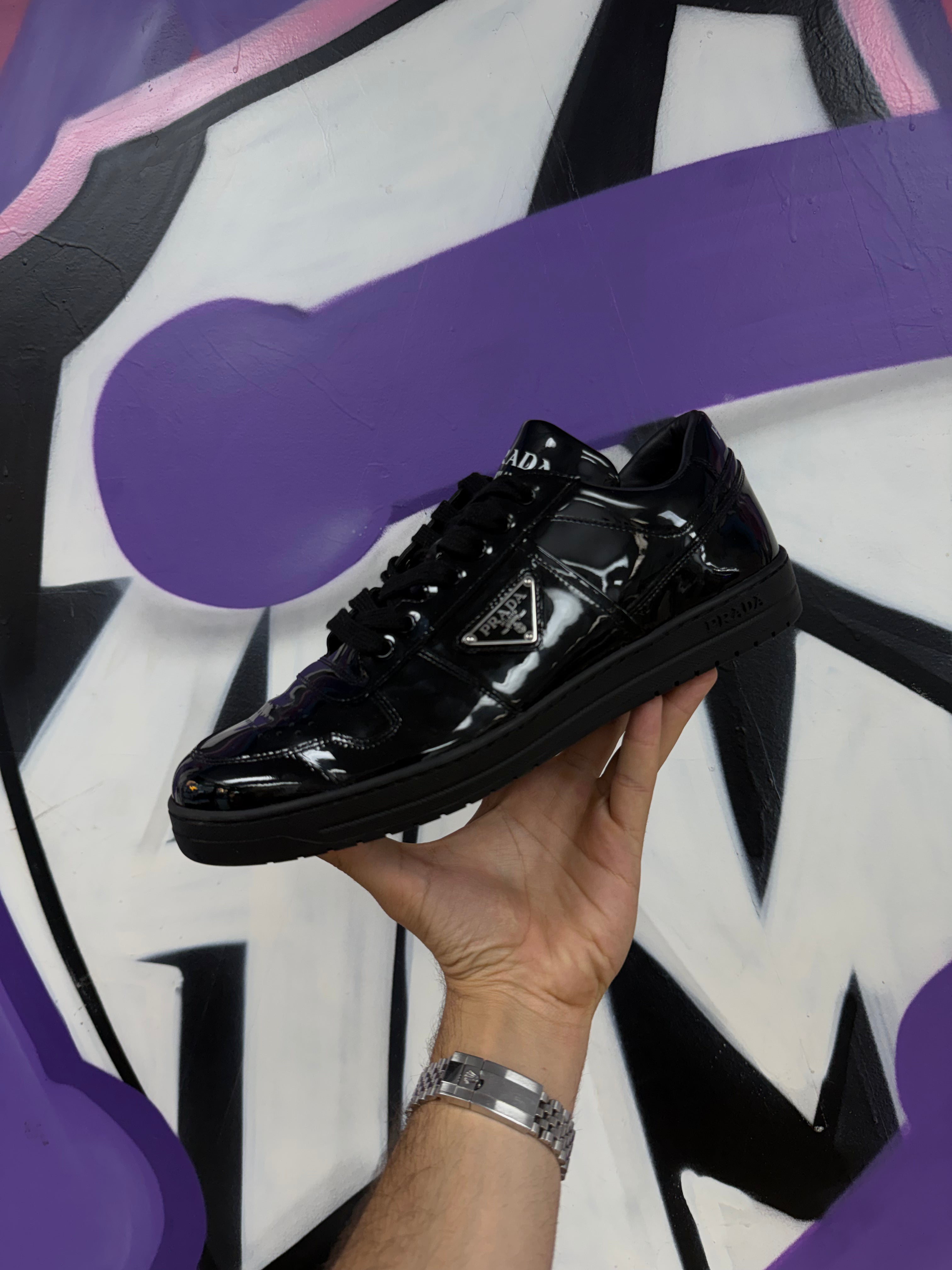 Prada Black Patent Triangle Sneakers