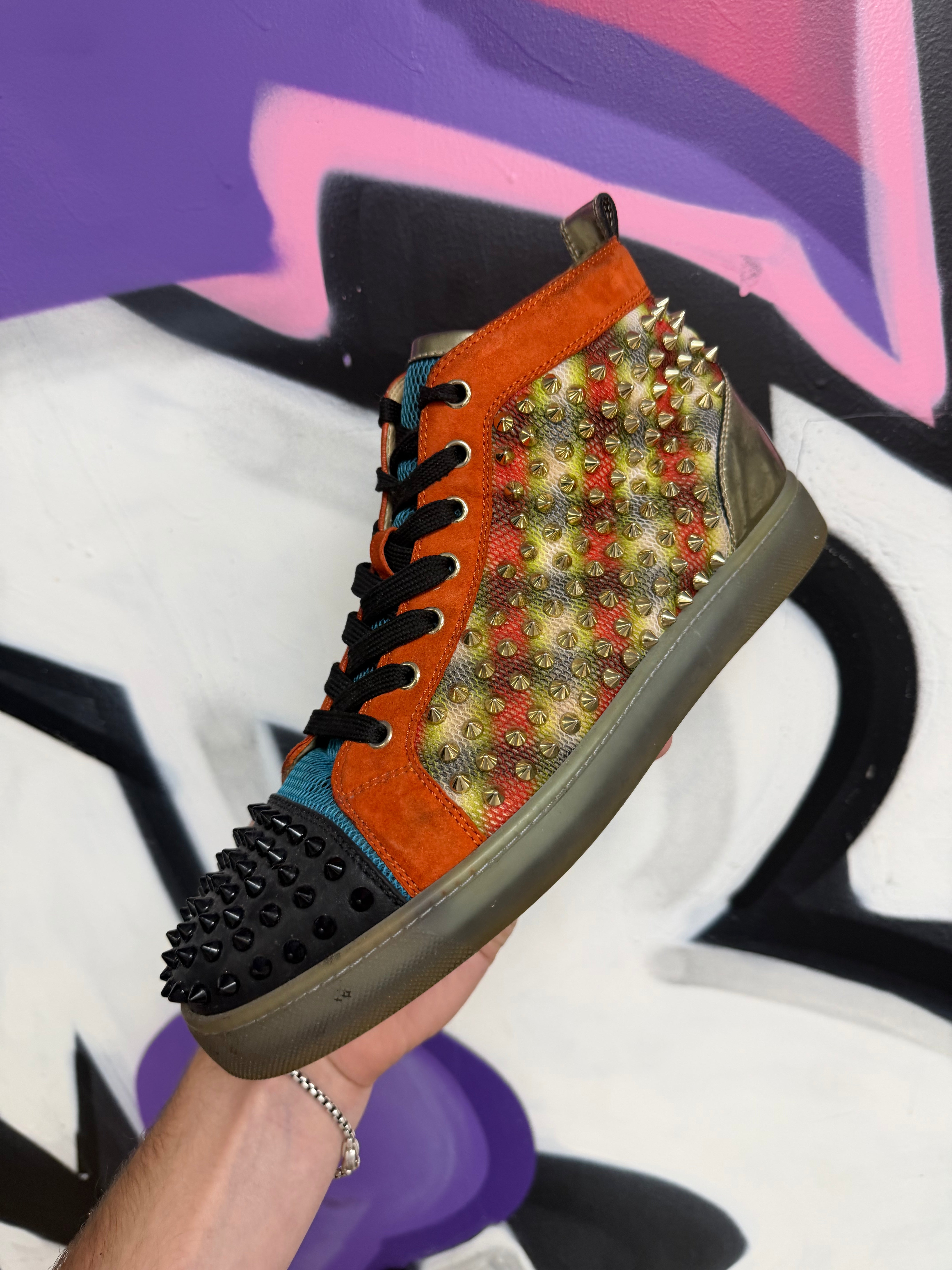 Christian Louboutin Black Orange Gold Spike Sneakers