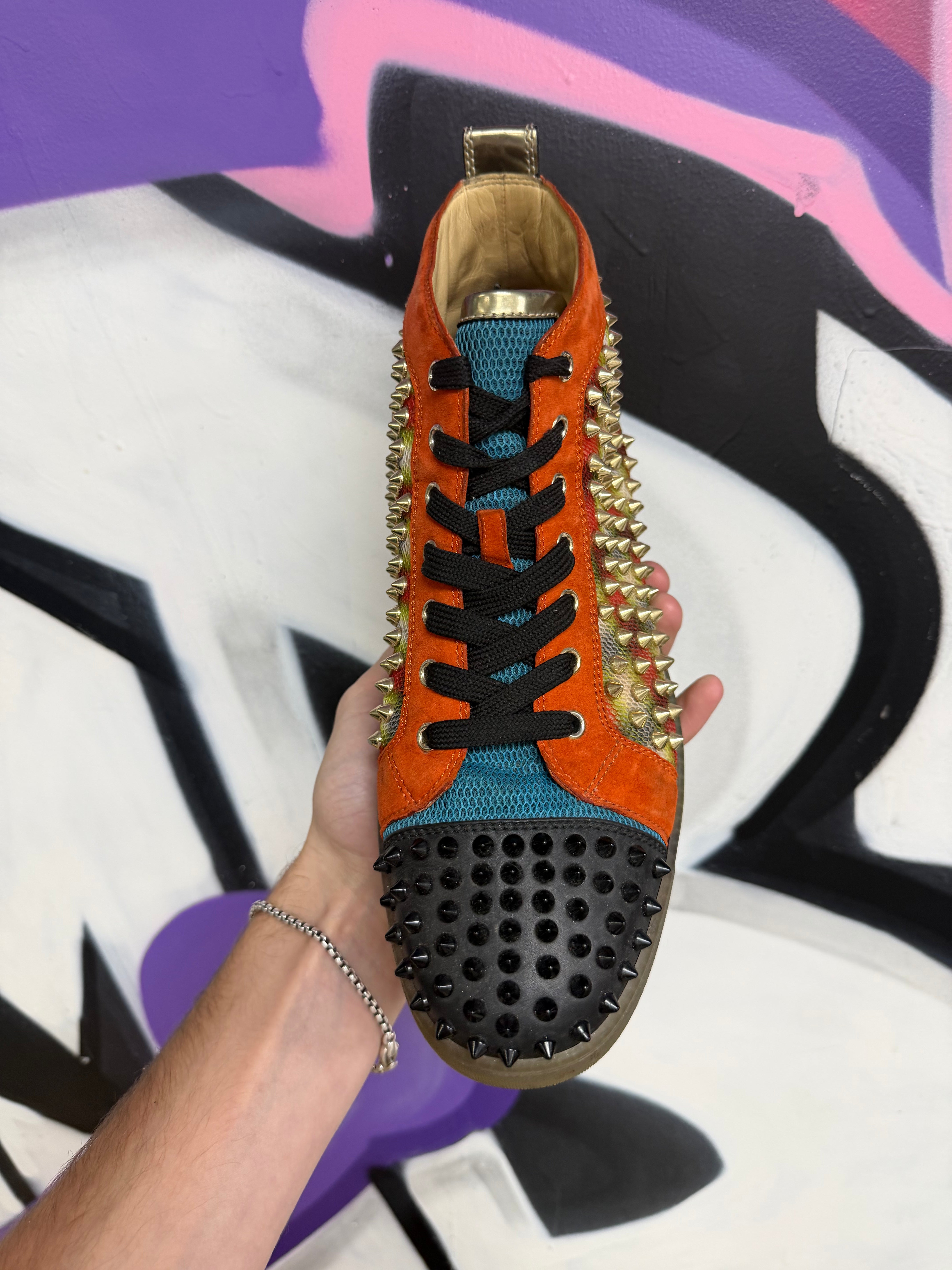 Christian Louboutin Black Orange Gold Spike Sneakers