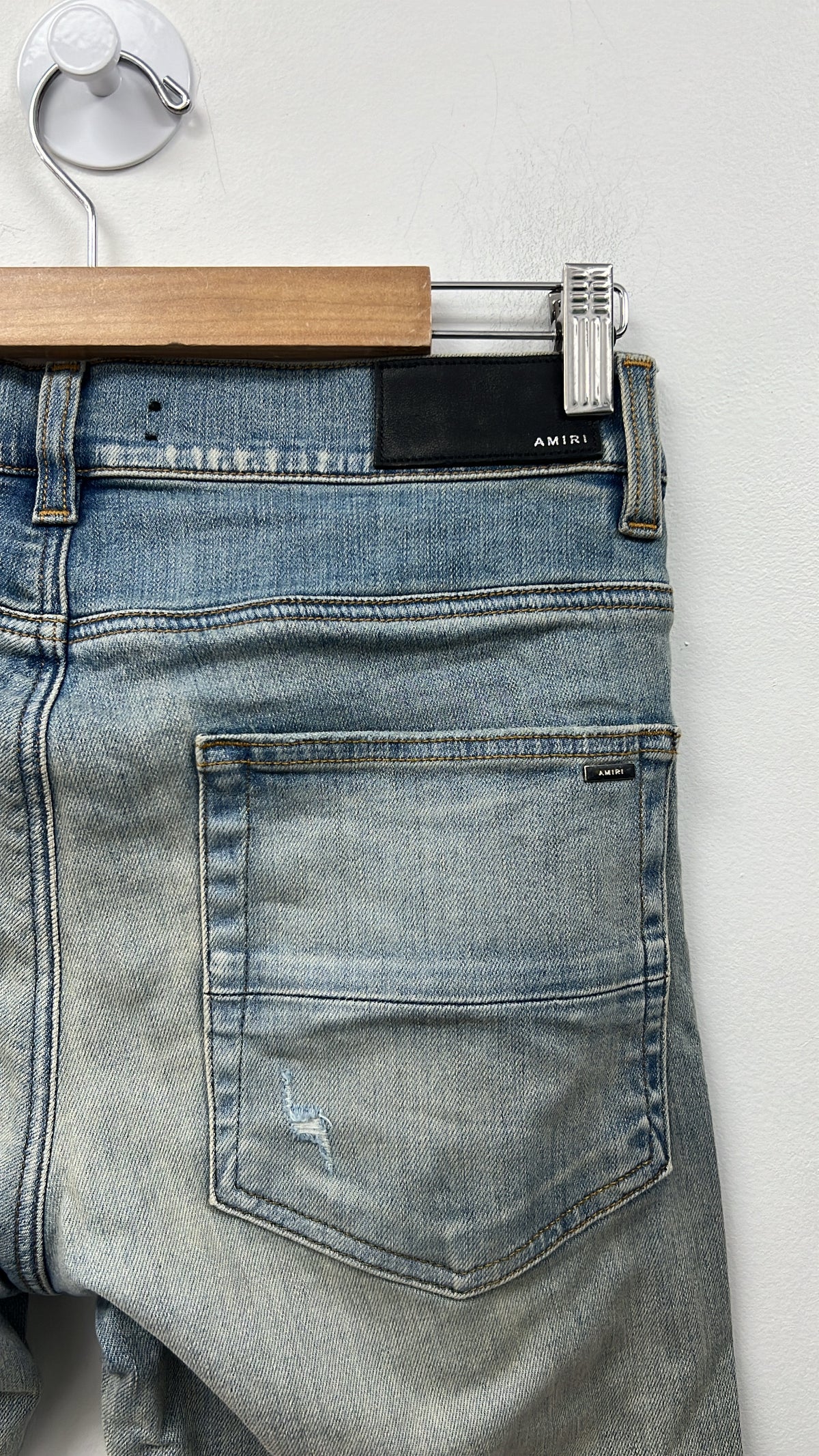 Amiri MX1 Light Wash Blue Suede Patch Jeans