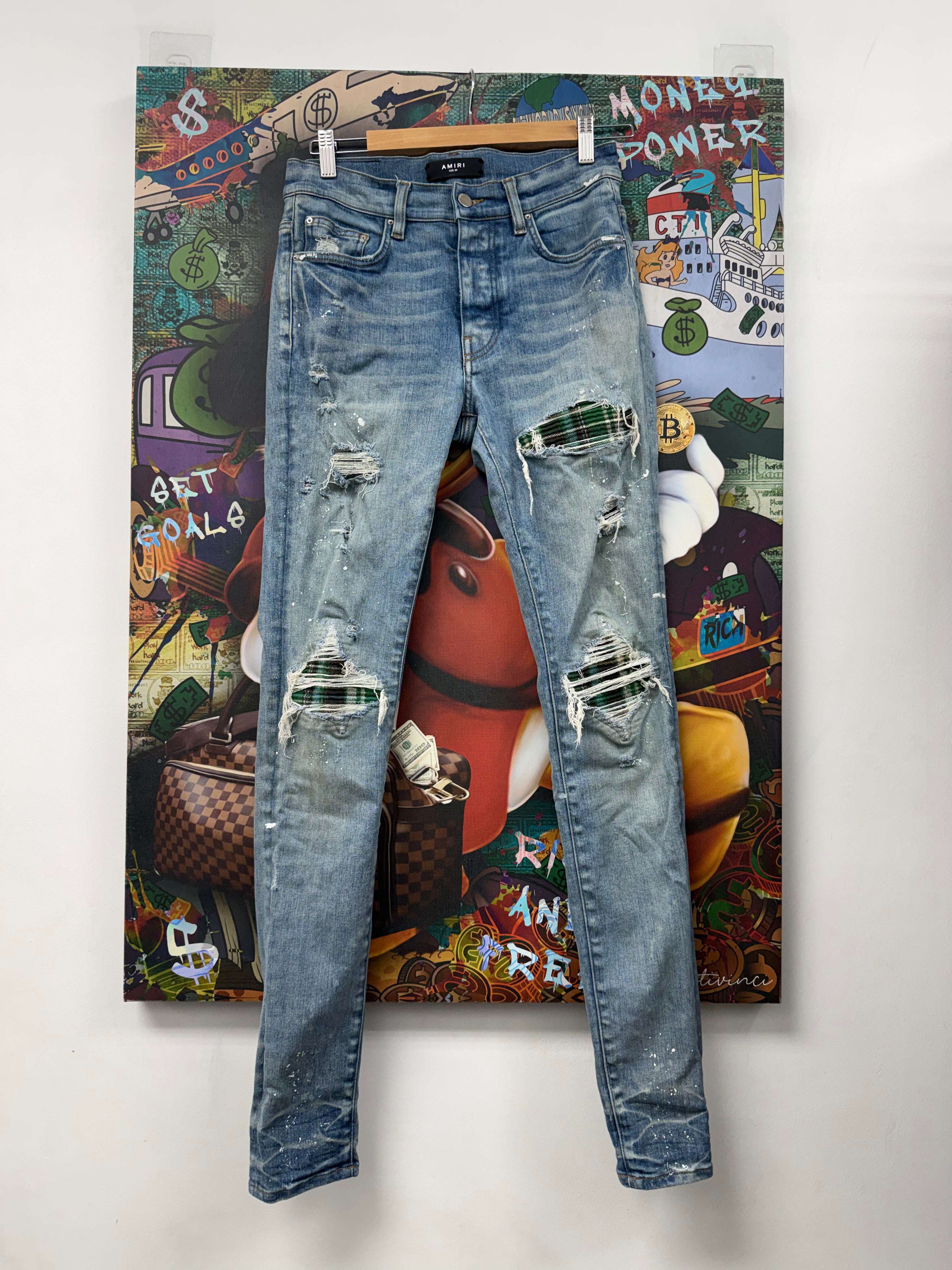 Amiri MX1 Light Wash Green Plaid Patch Jeans