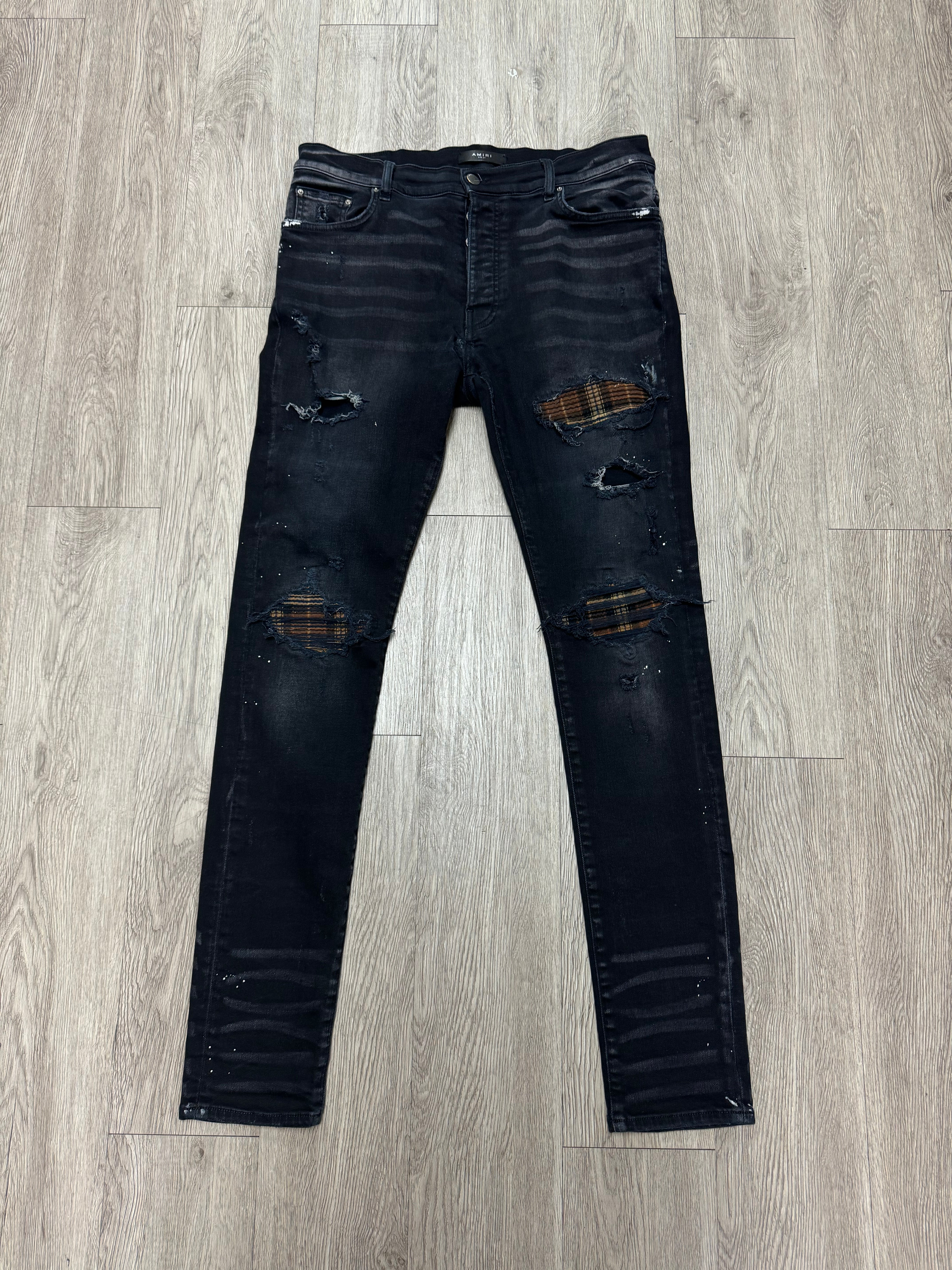 Amiri Black Wash Brown Plaid Patch MX1 Jeans