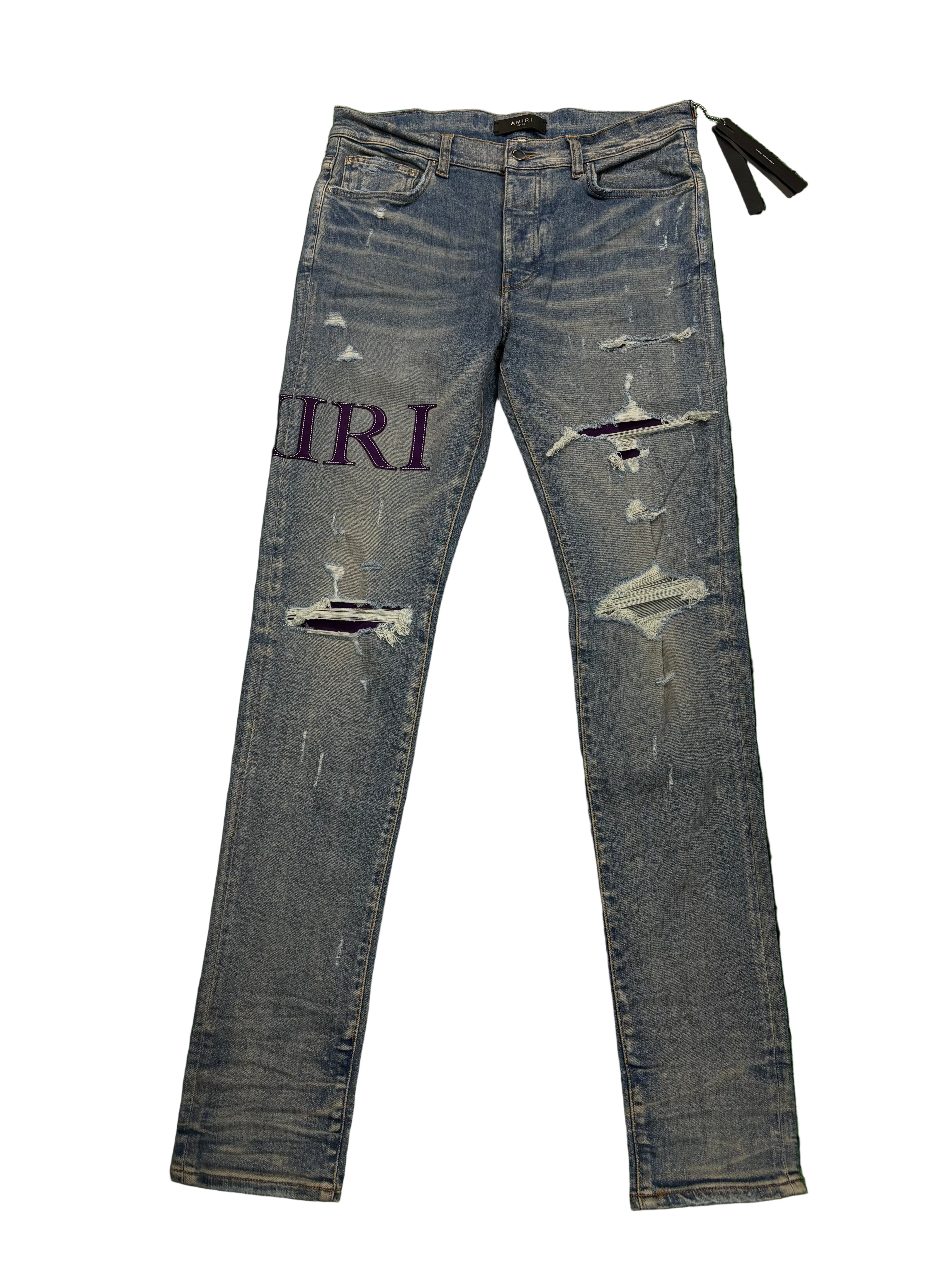 Amiri 'Purple Serif' Side Logo Light Wash Blue Jeans