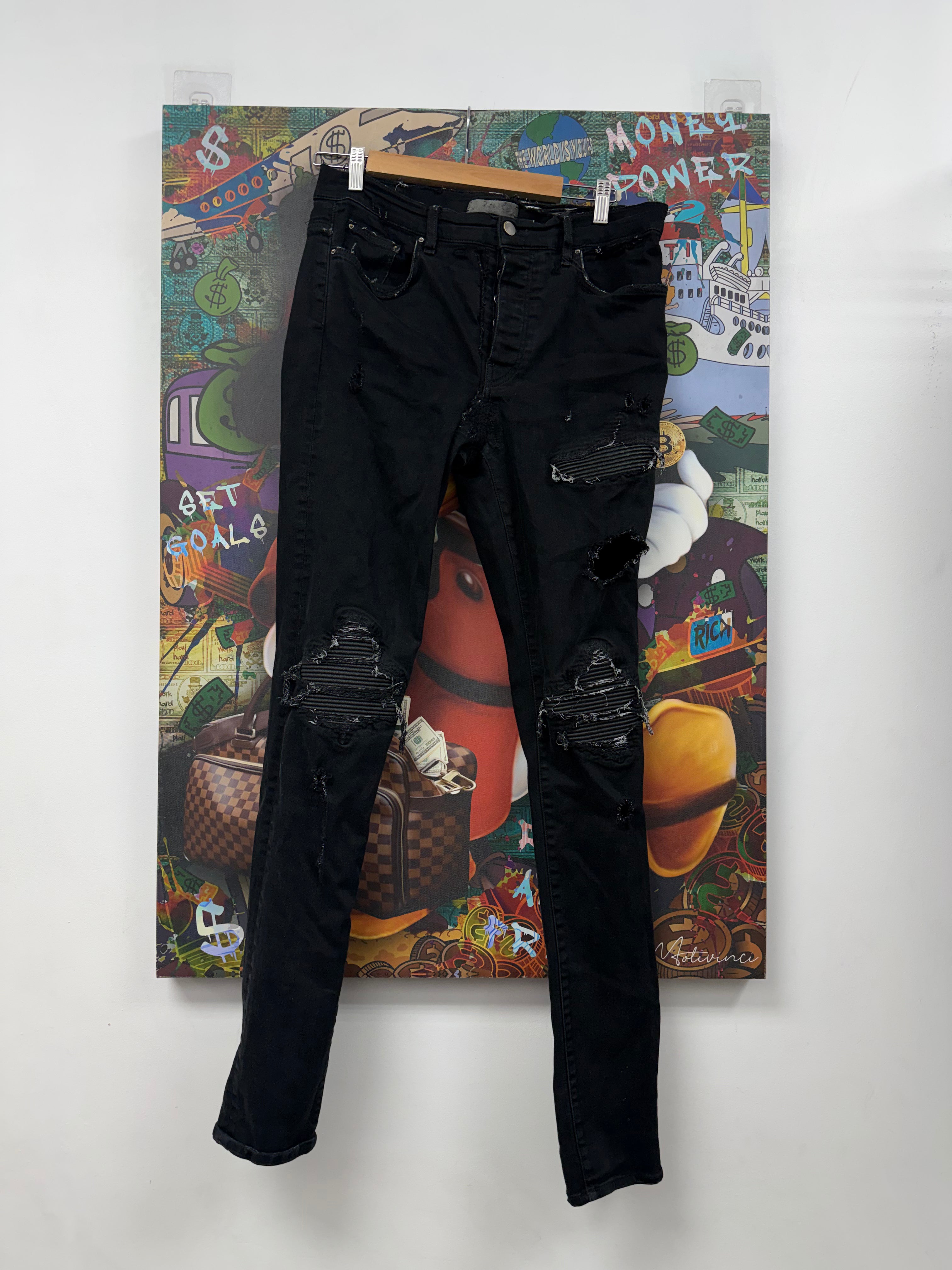 Amiri MX1 Black Black Leather Patch Jeans