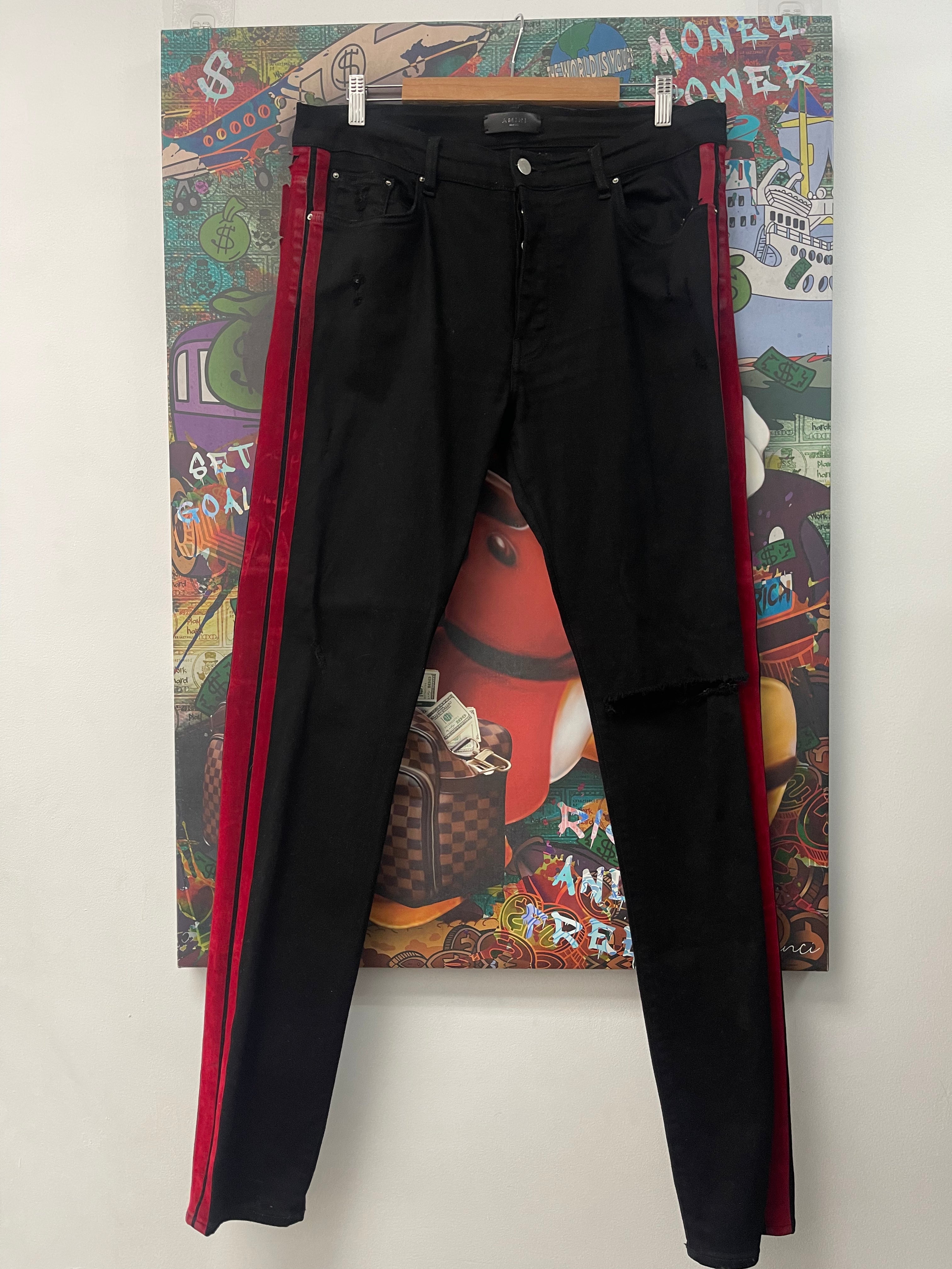 Amiri Black Red Velvet Track Stripe Jeans