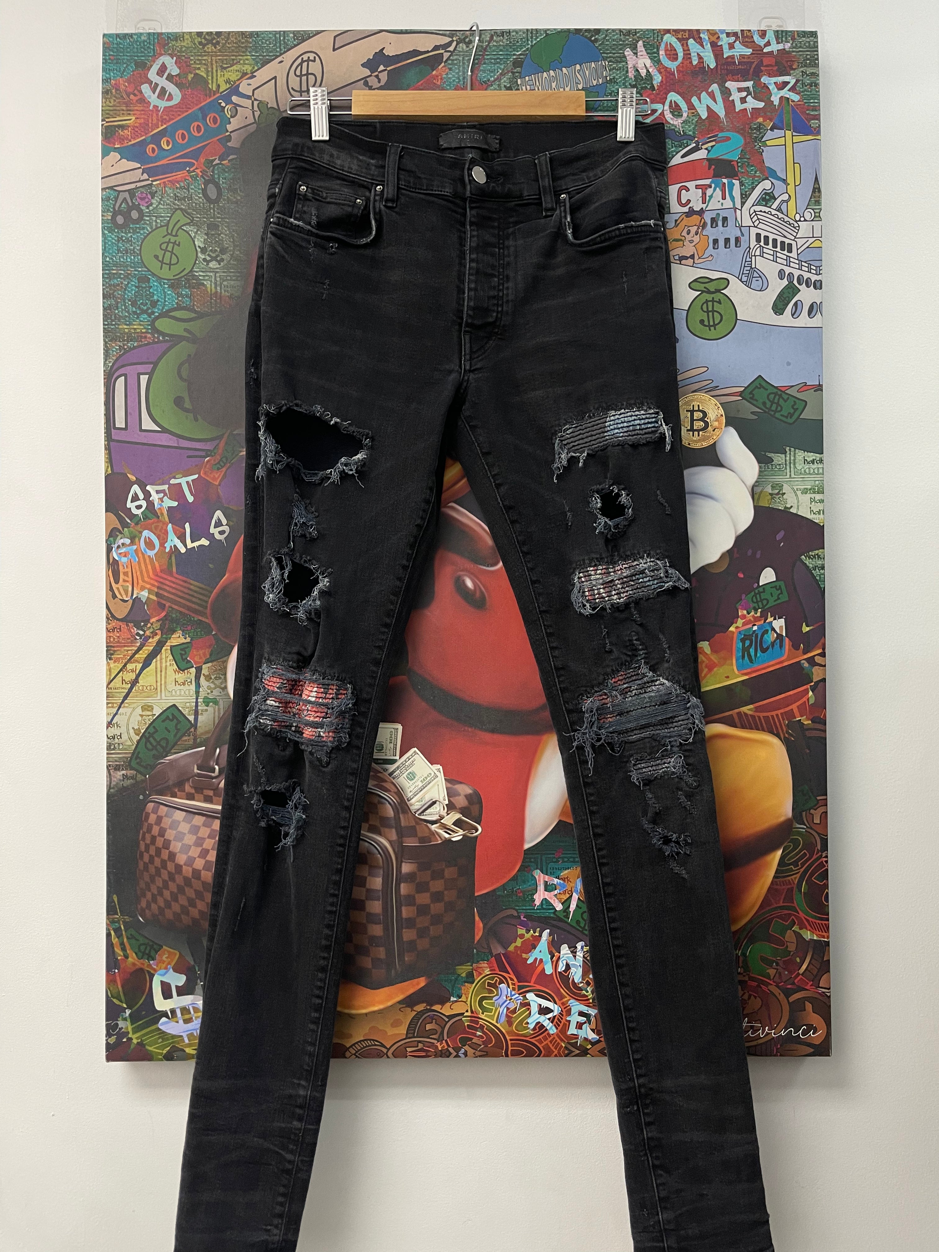 Amiri Black Wash Blue Red Paisley Patch MX1 Jeans
