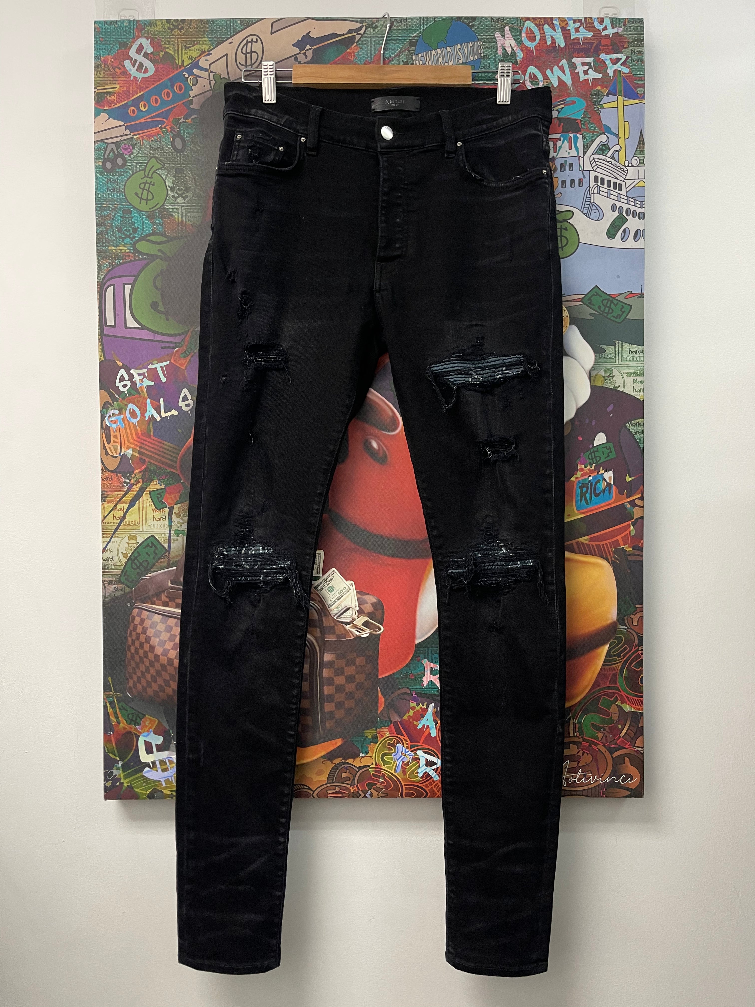 Amiri MX1 Black Teal Paisley Patch Jeans