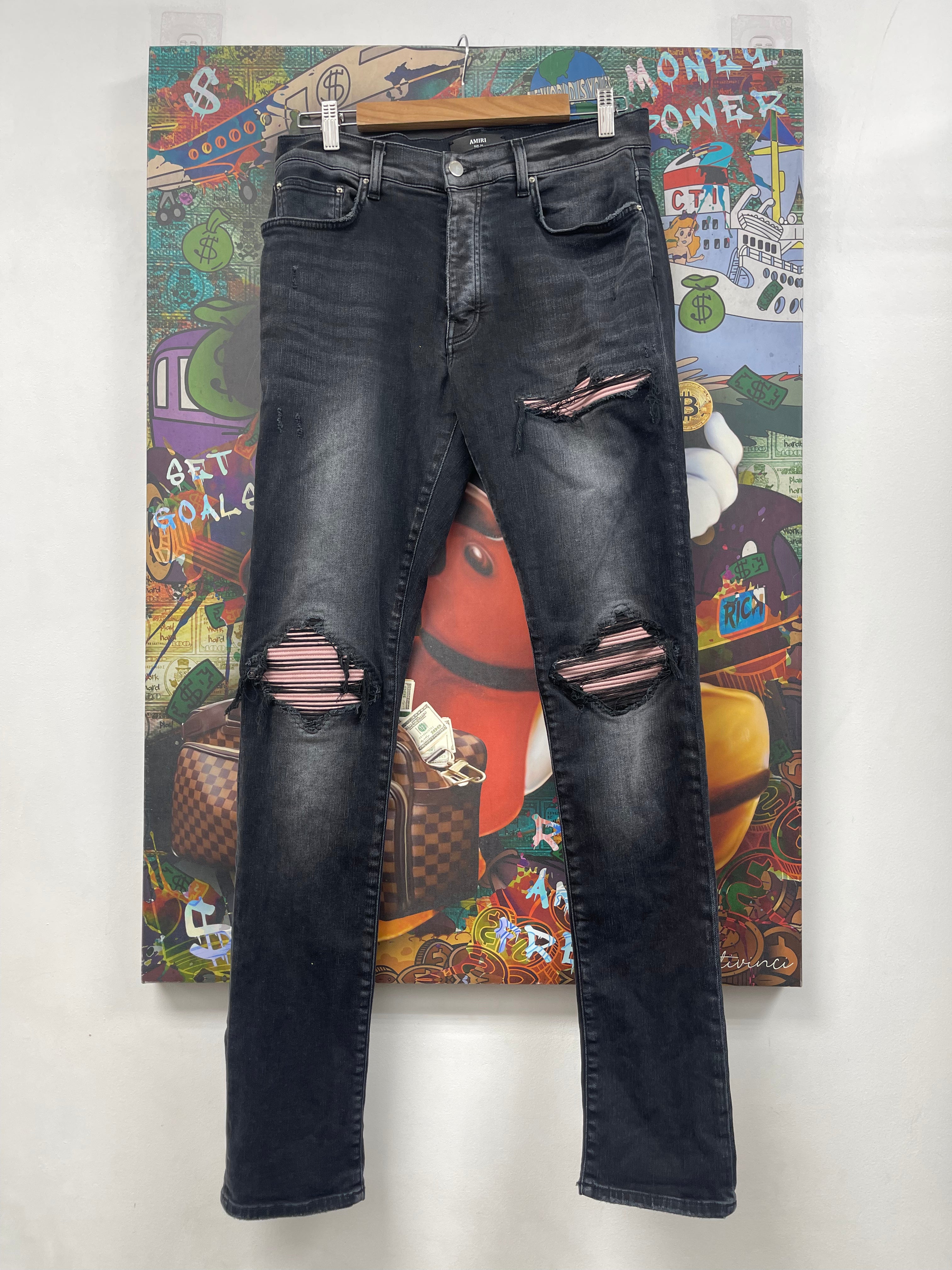 Amiri MX1 Black Salmon Pink Patch Jeans
