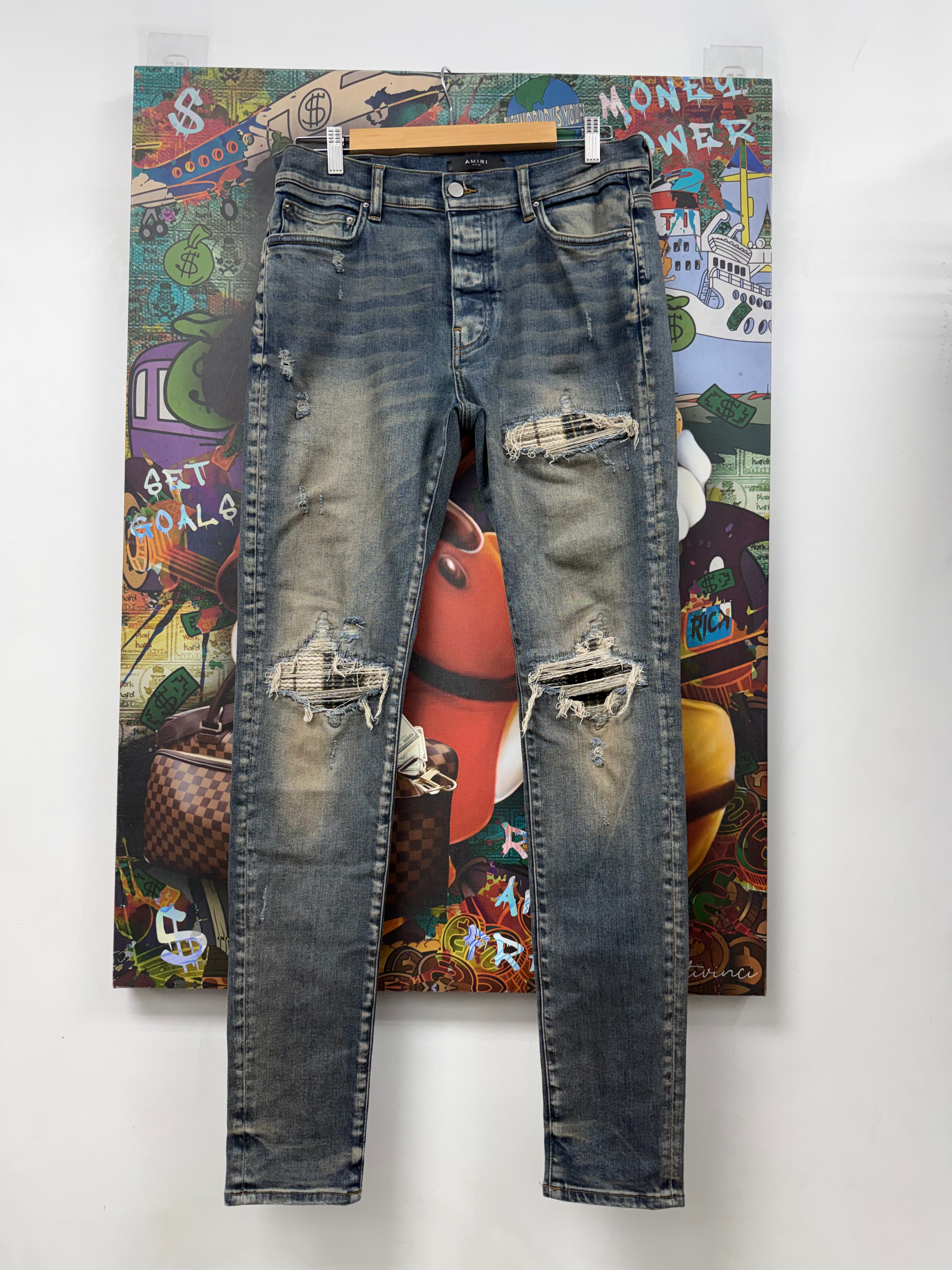 Amiri MX1 Dark Indigo Cream Plaid Patch Jeans