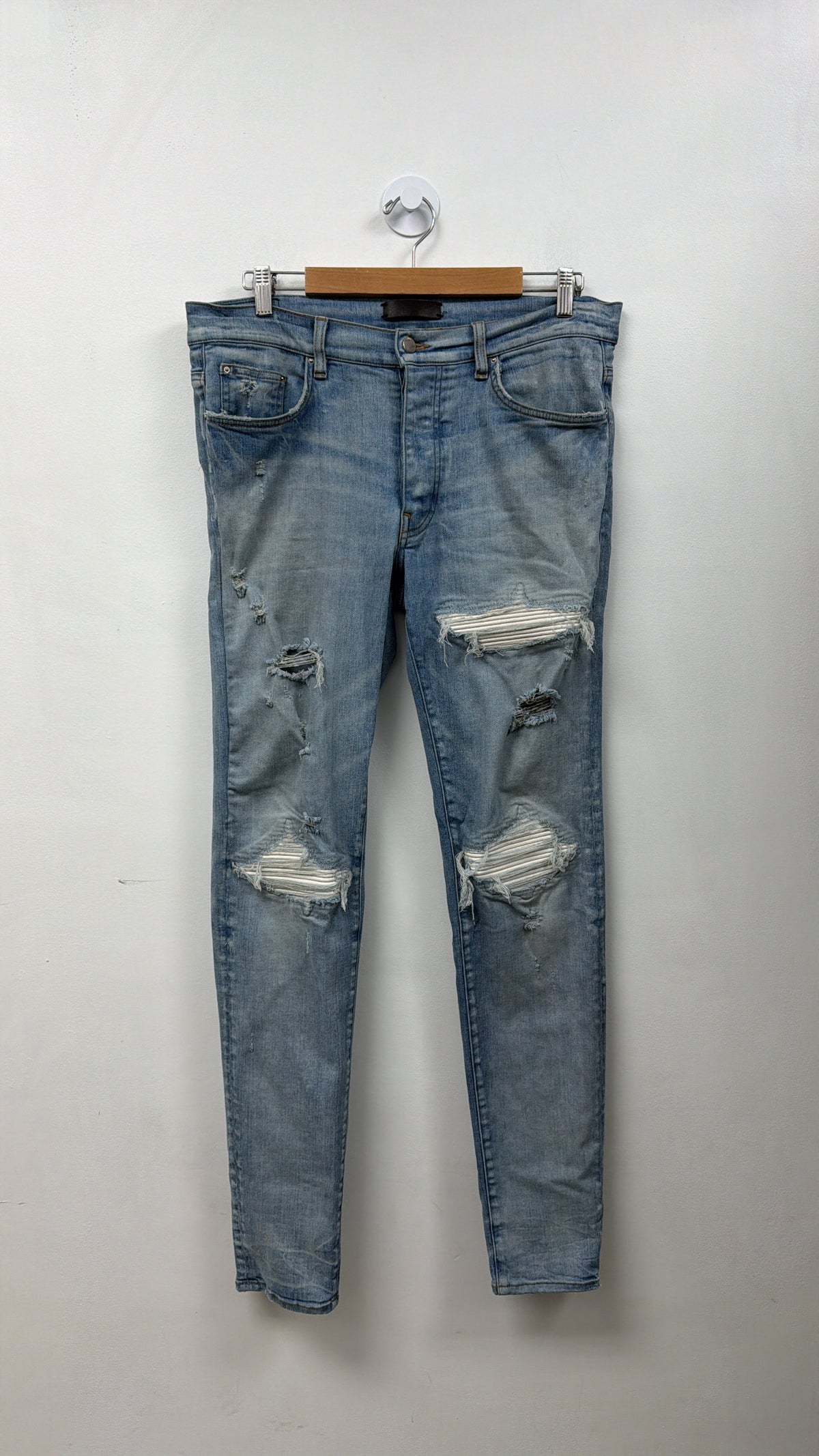 Amiri MX1 Light Wash White Leather Patch Jeans