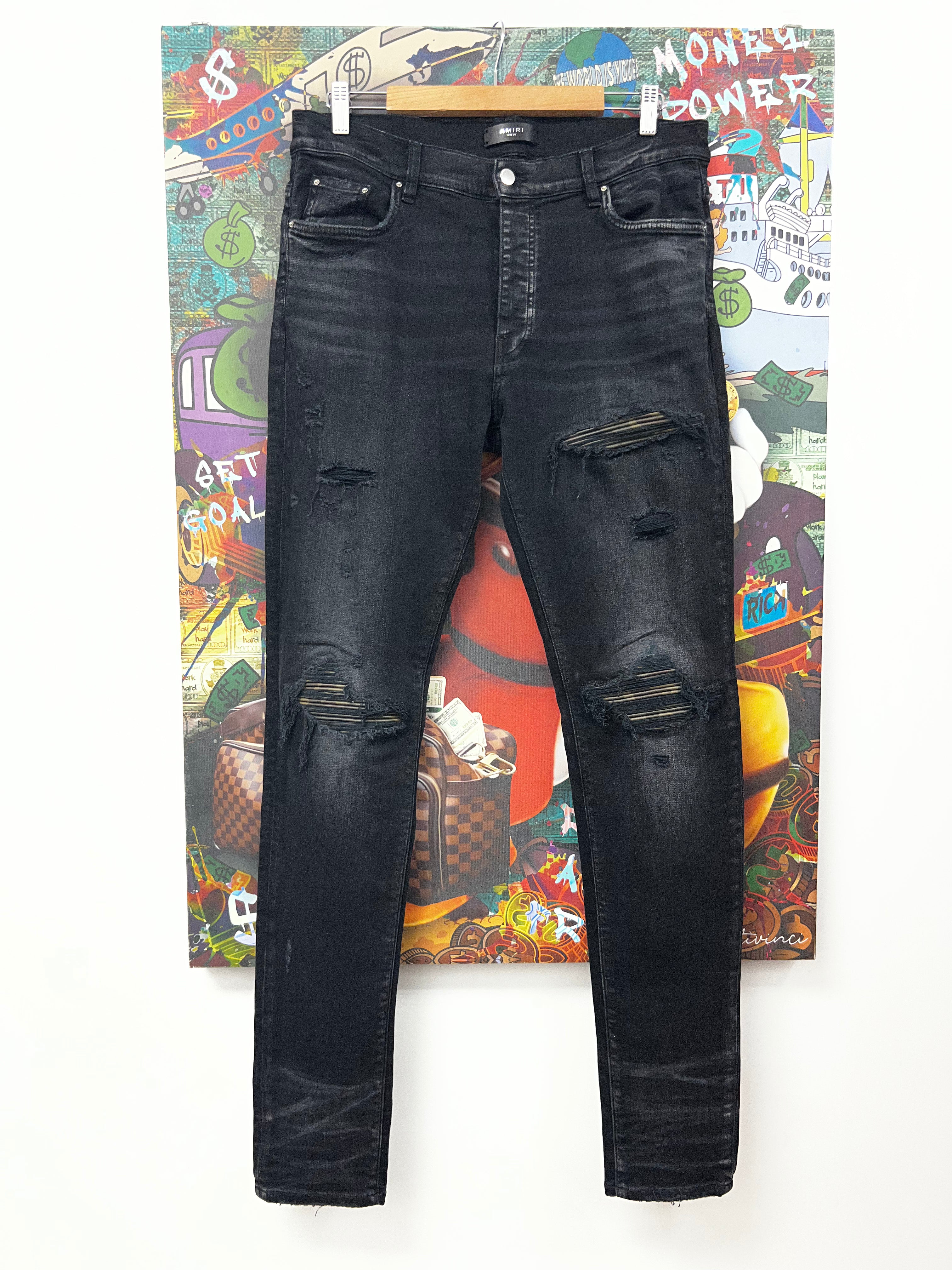 Amiri MX1 Black Camo Leather Patch Jeans