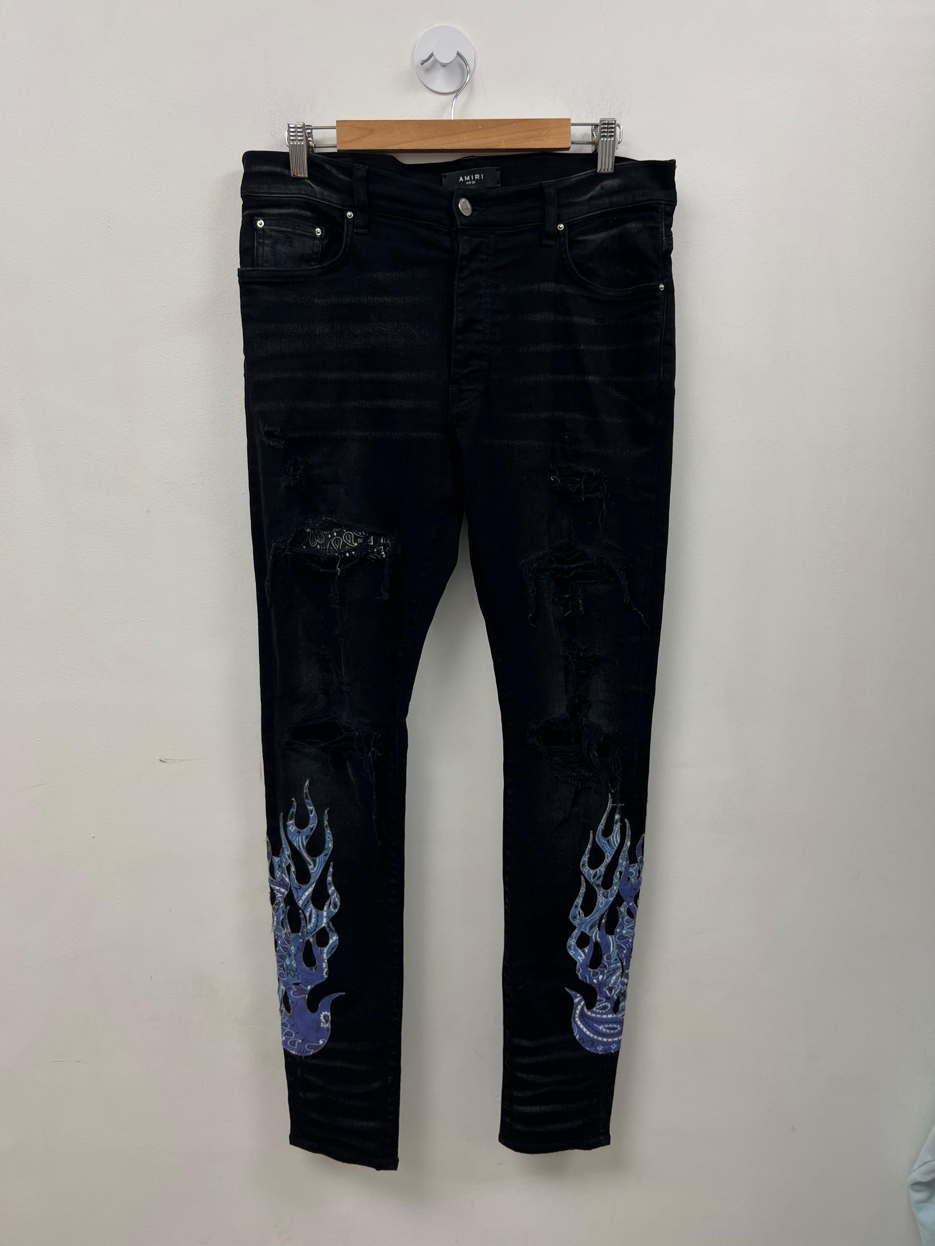 Amiri Black Wash Blue Bandana Flames Jeans