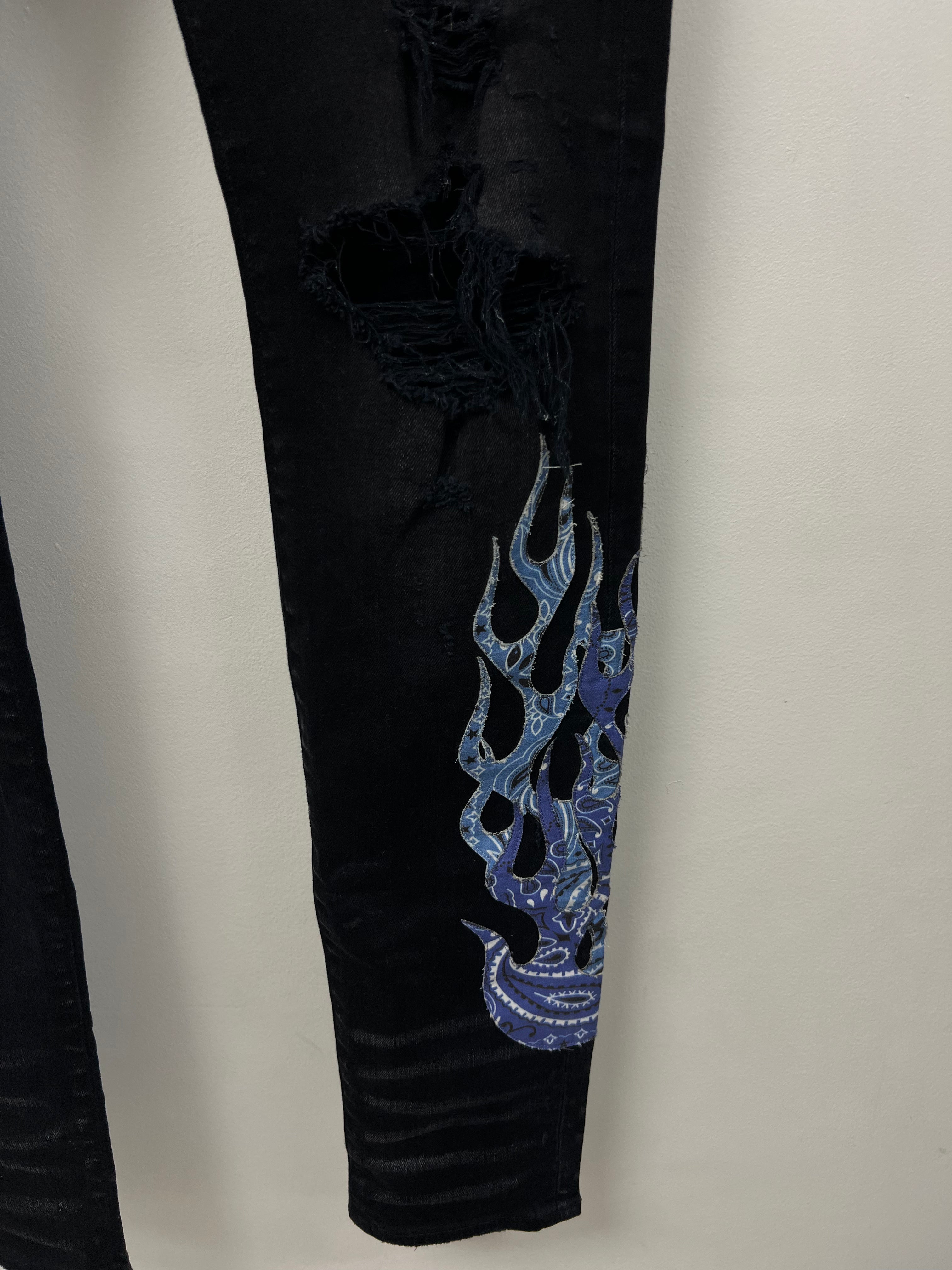 Amiri Black Wash Blue Bandana Flames Jeans