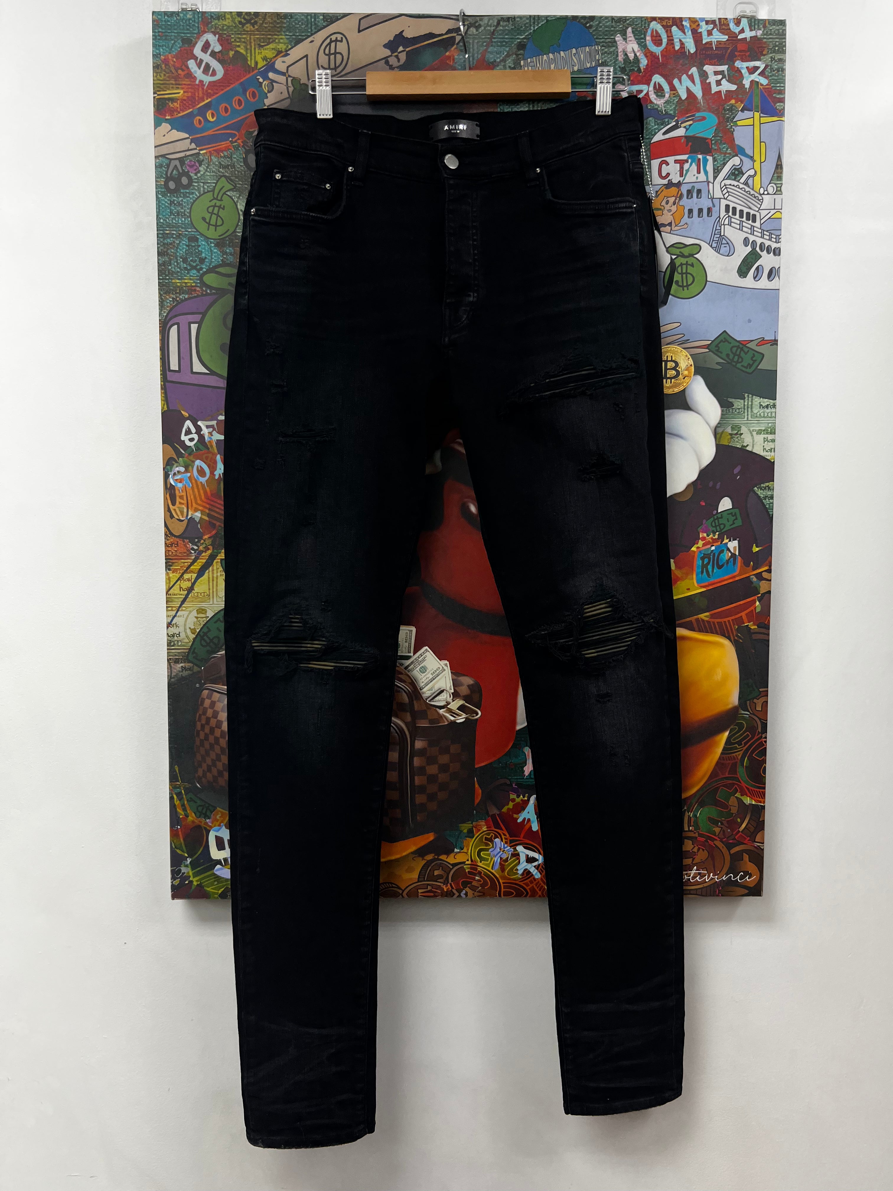 Amiri MX1 Black Camo Leather Patch Jeans