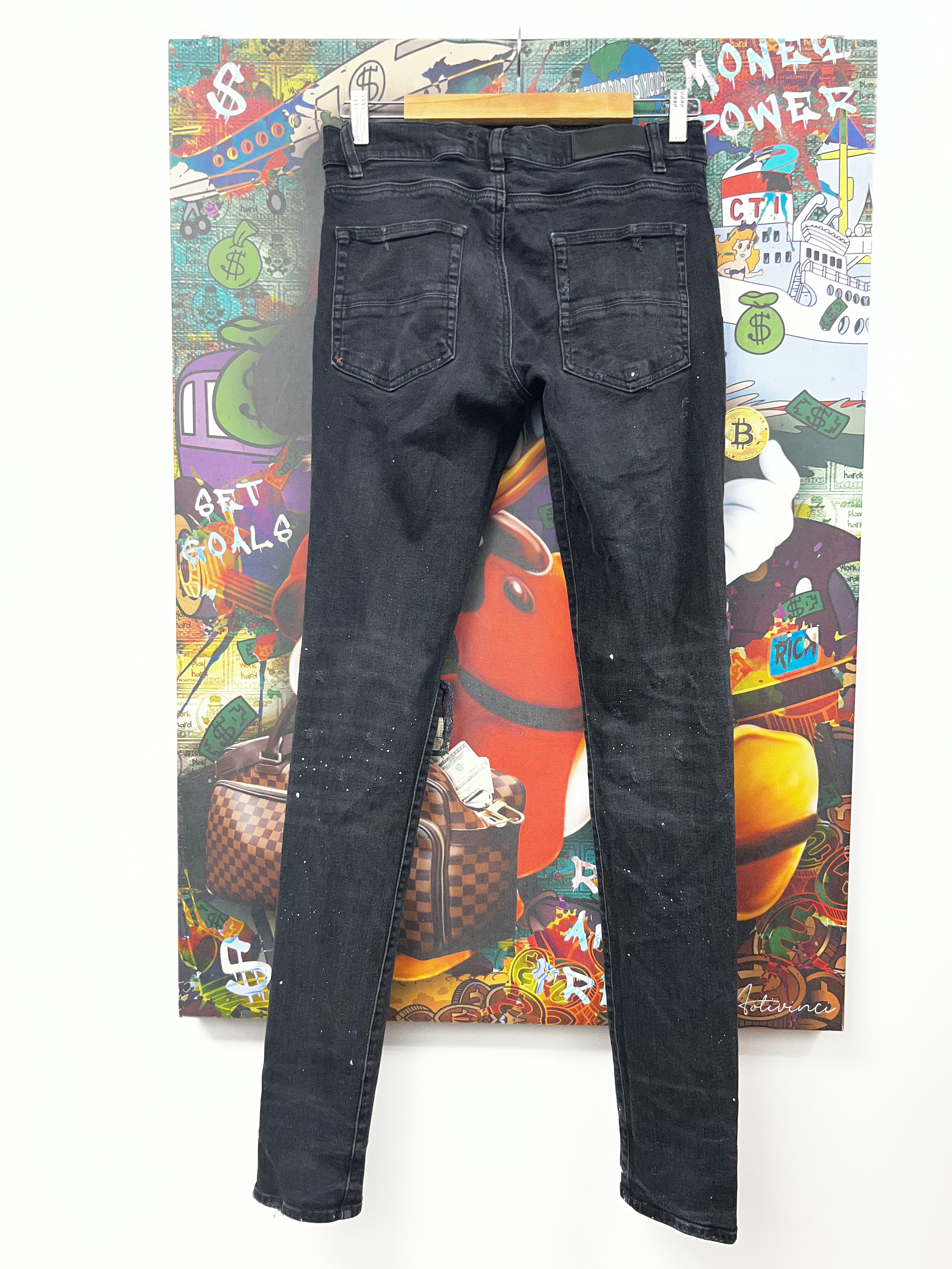 Amiri Black White Paint Splatter Knee Rip Jeans