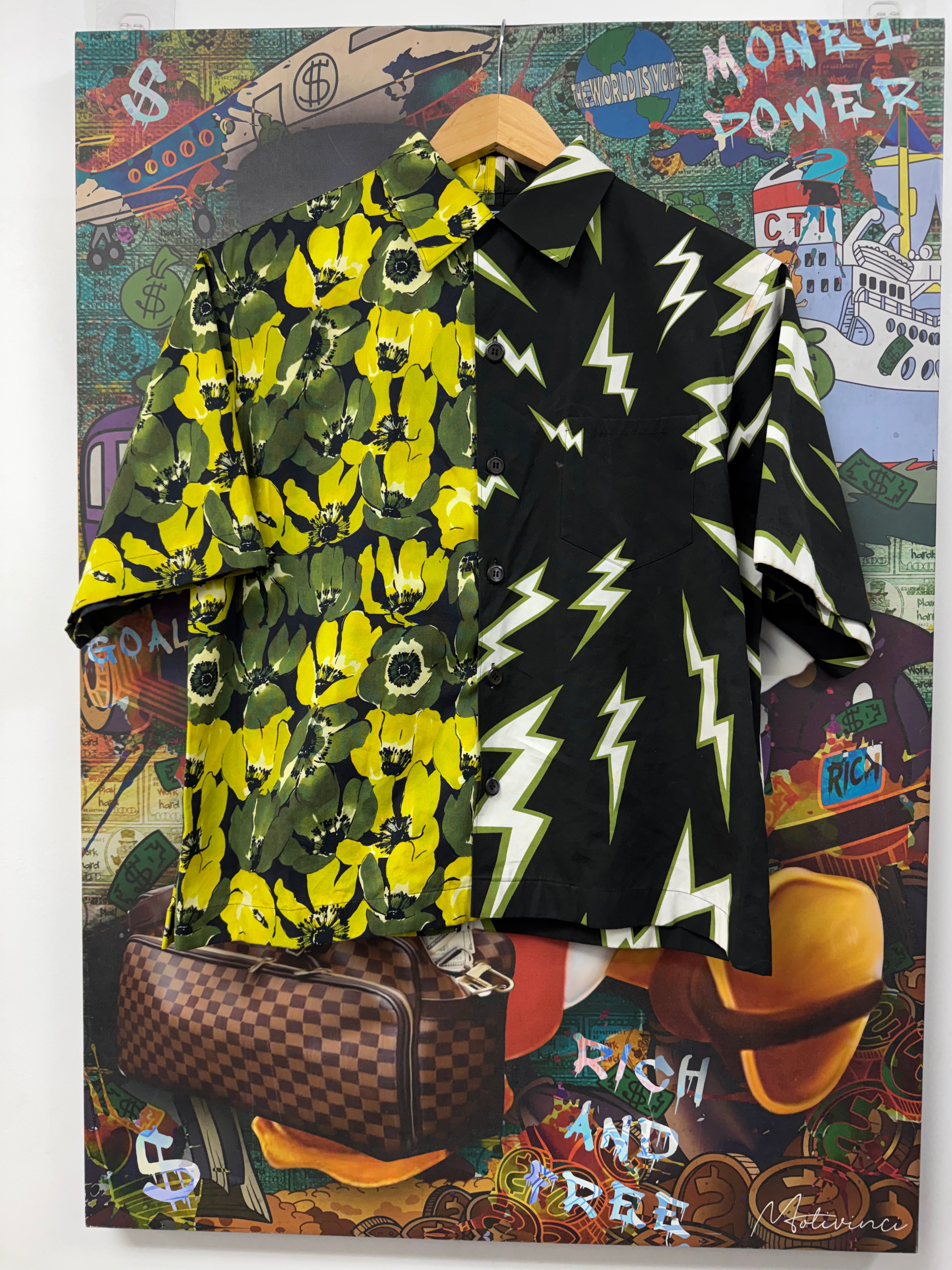 Prada Black Green Floral Double Match Button Up