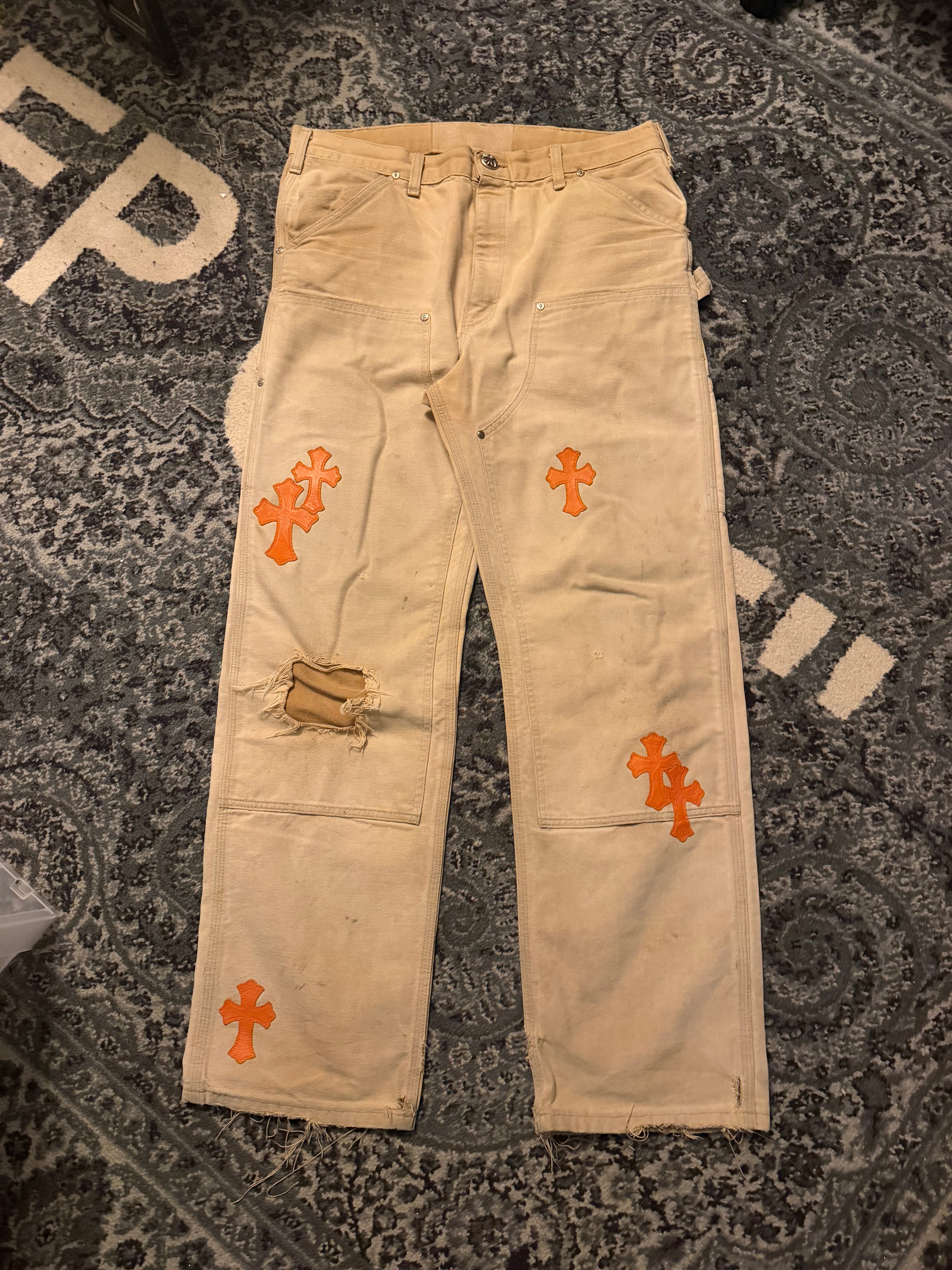 Chrome Hearts Beige Orange 16 Patches Double Knee Jeans