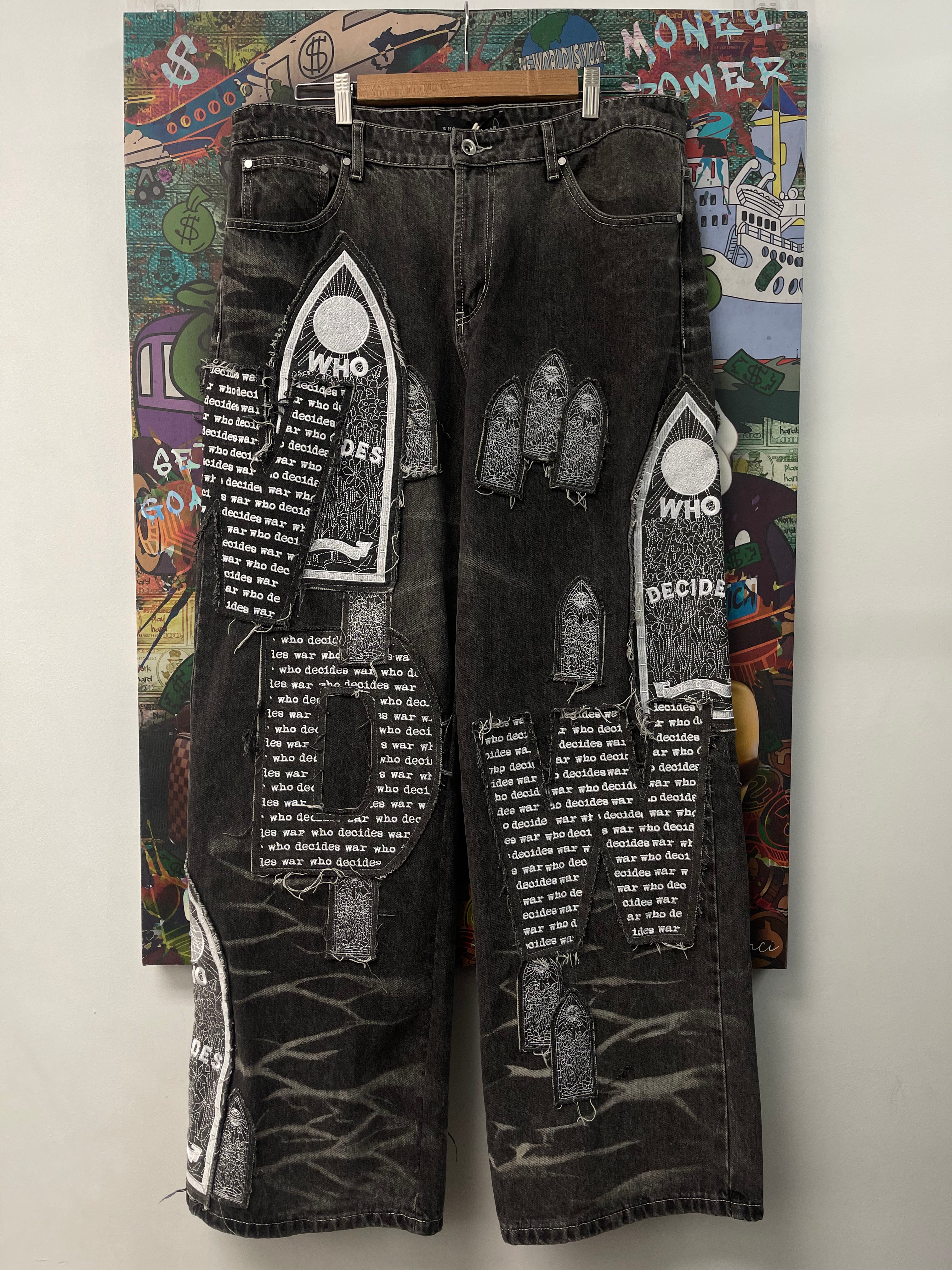 Who Decides War Grey Motif Patched Denim Jeans