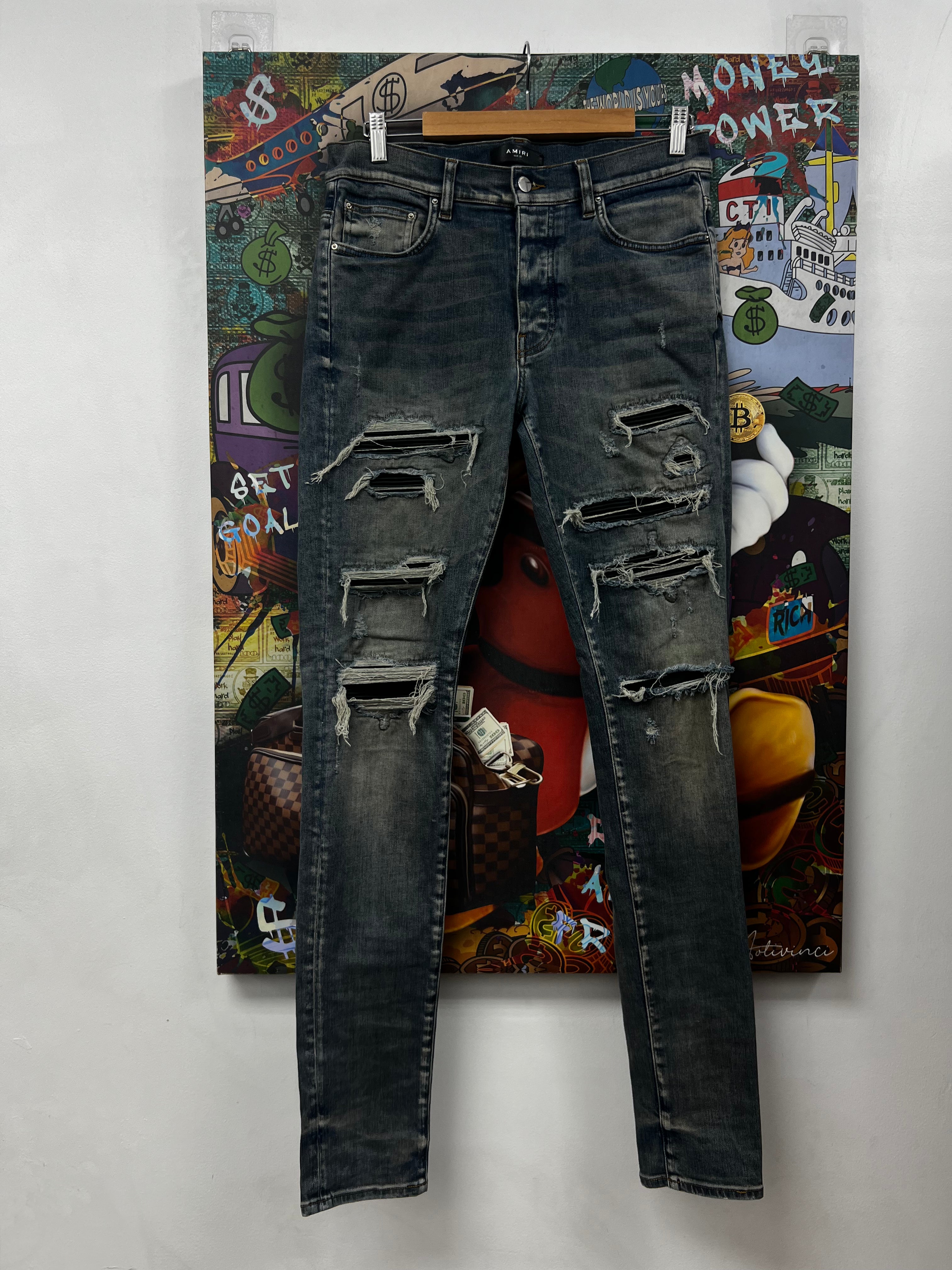 Amiri Dark Indigo Rust Leather Thrasher Patch Jeans