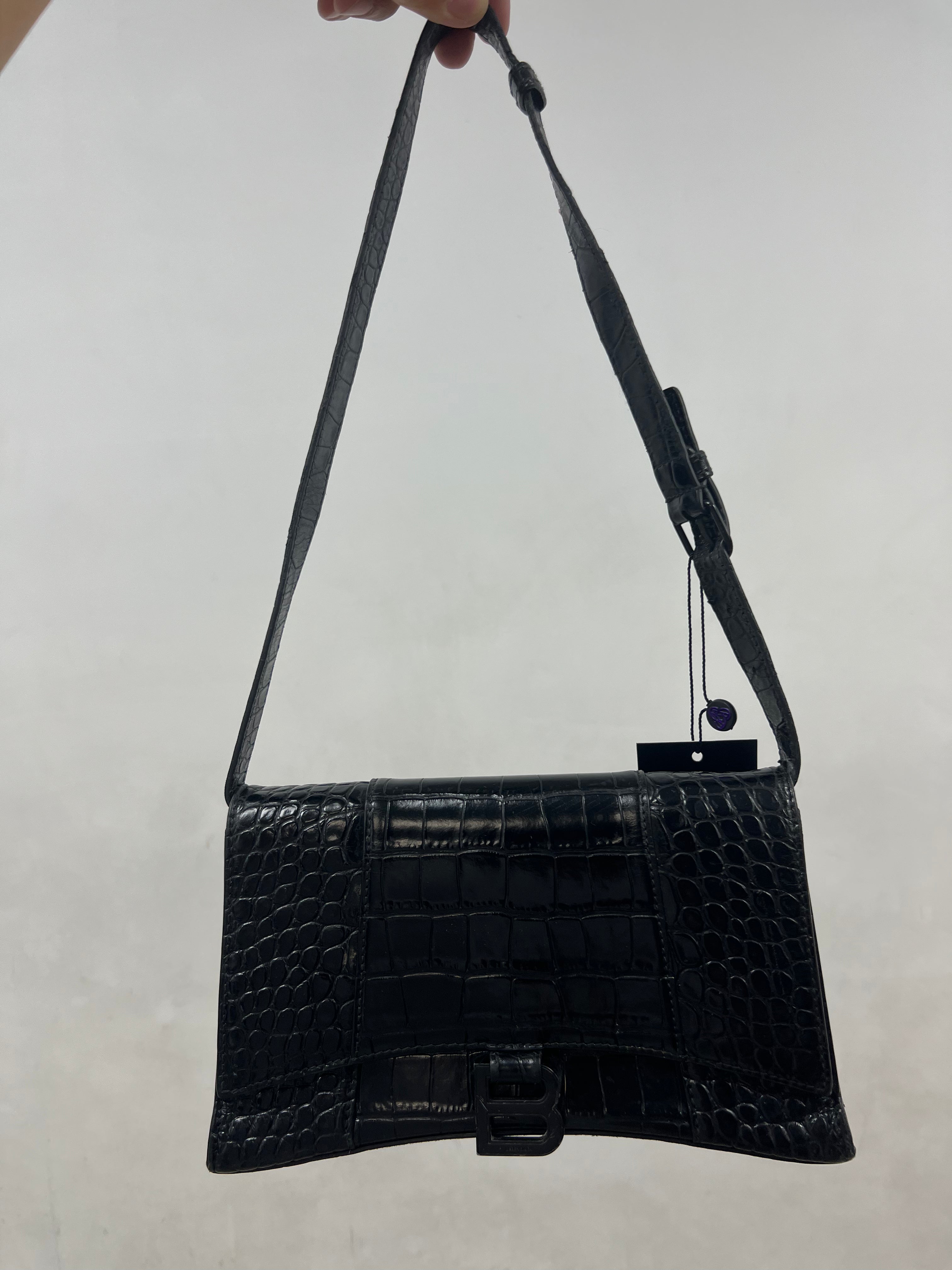 Balenciaga Black Croc Embossed Hourglass Bag