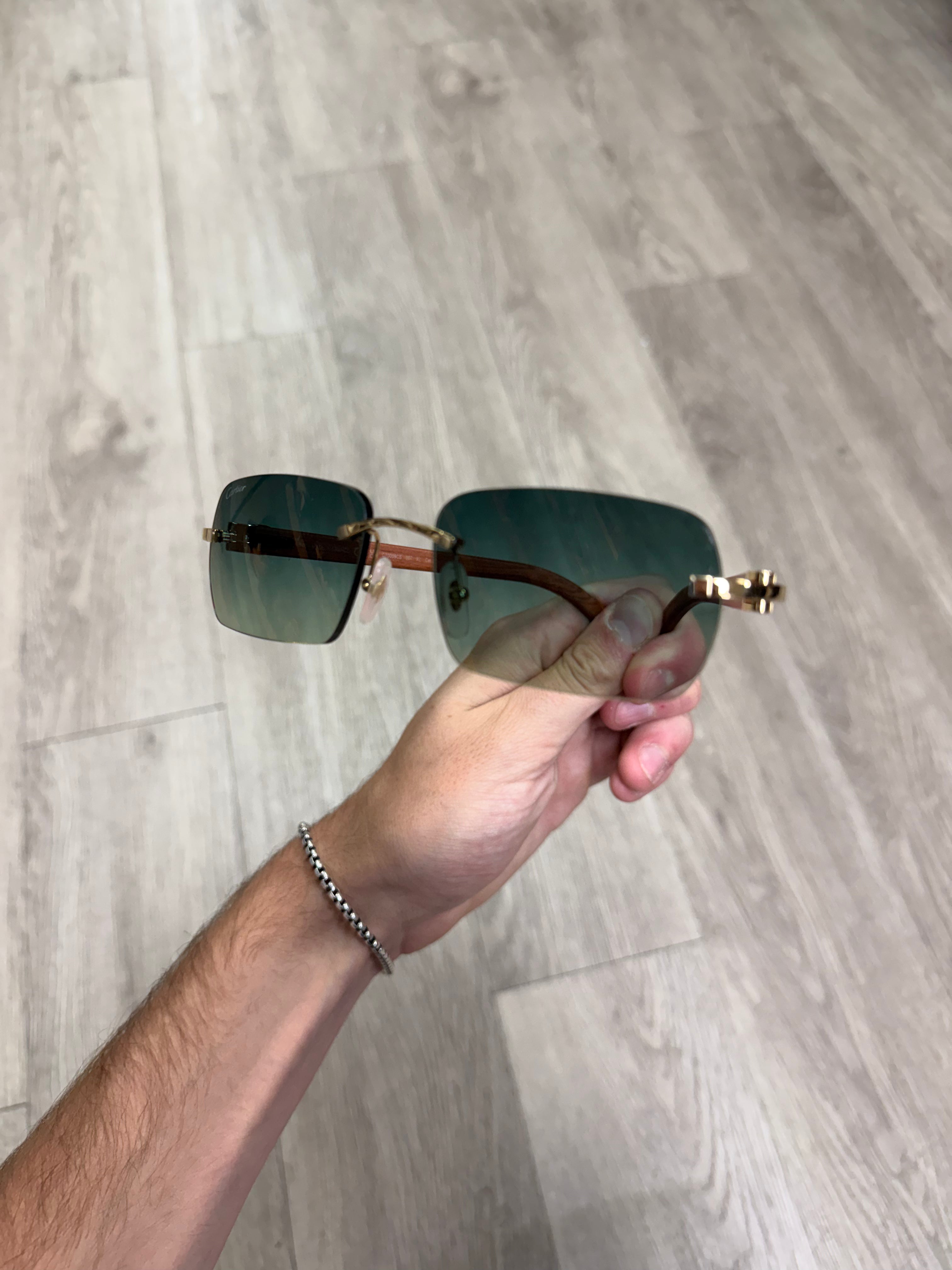Cartier Gold C Wire Brown Wood Dark Green Lense Sunglasses