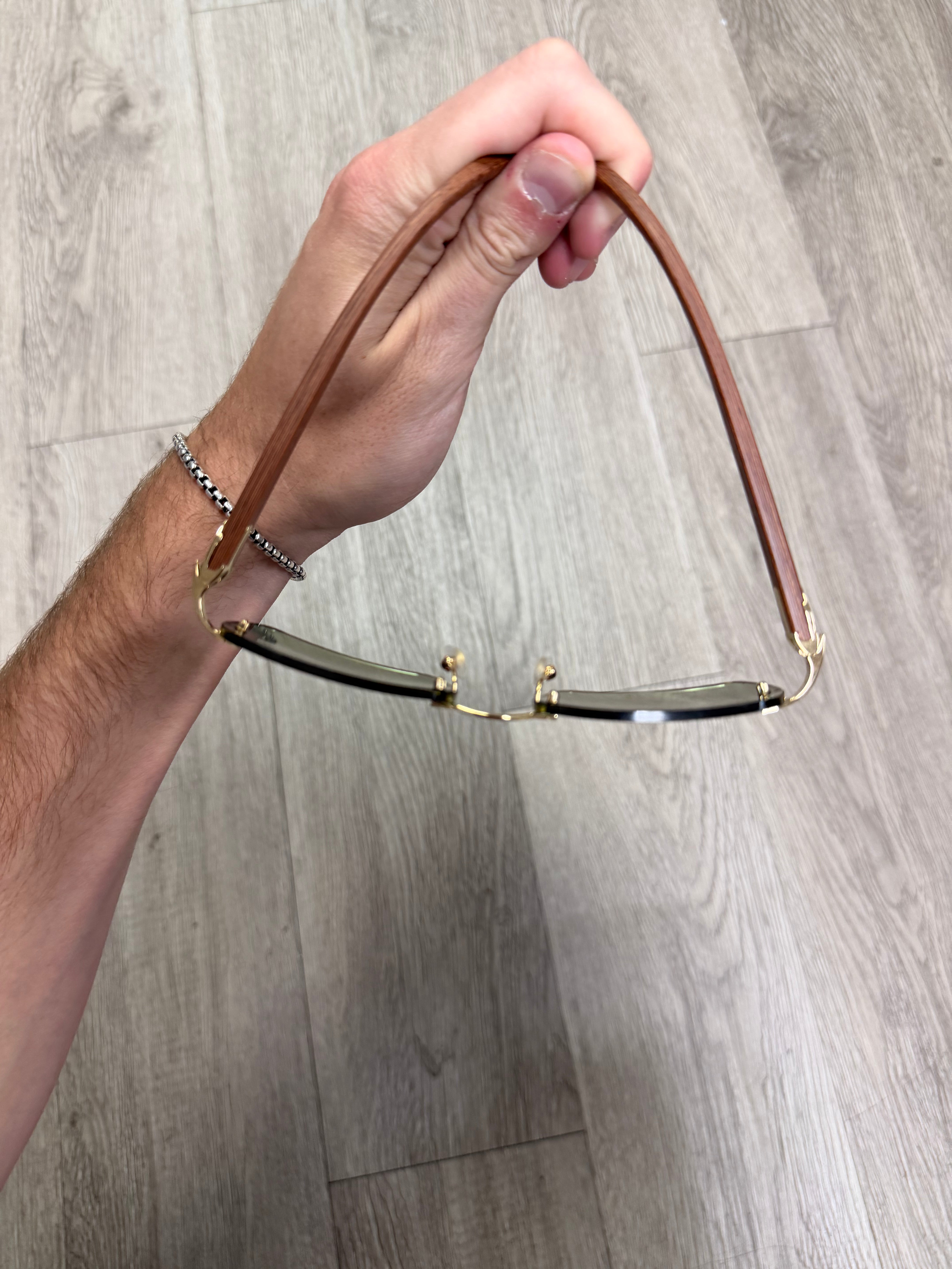 Cartier Gold C Wire Brown Wood Dark Green Lense Sunglasses