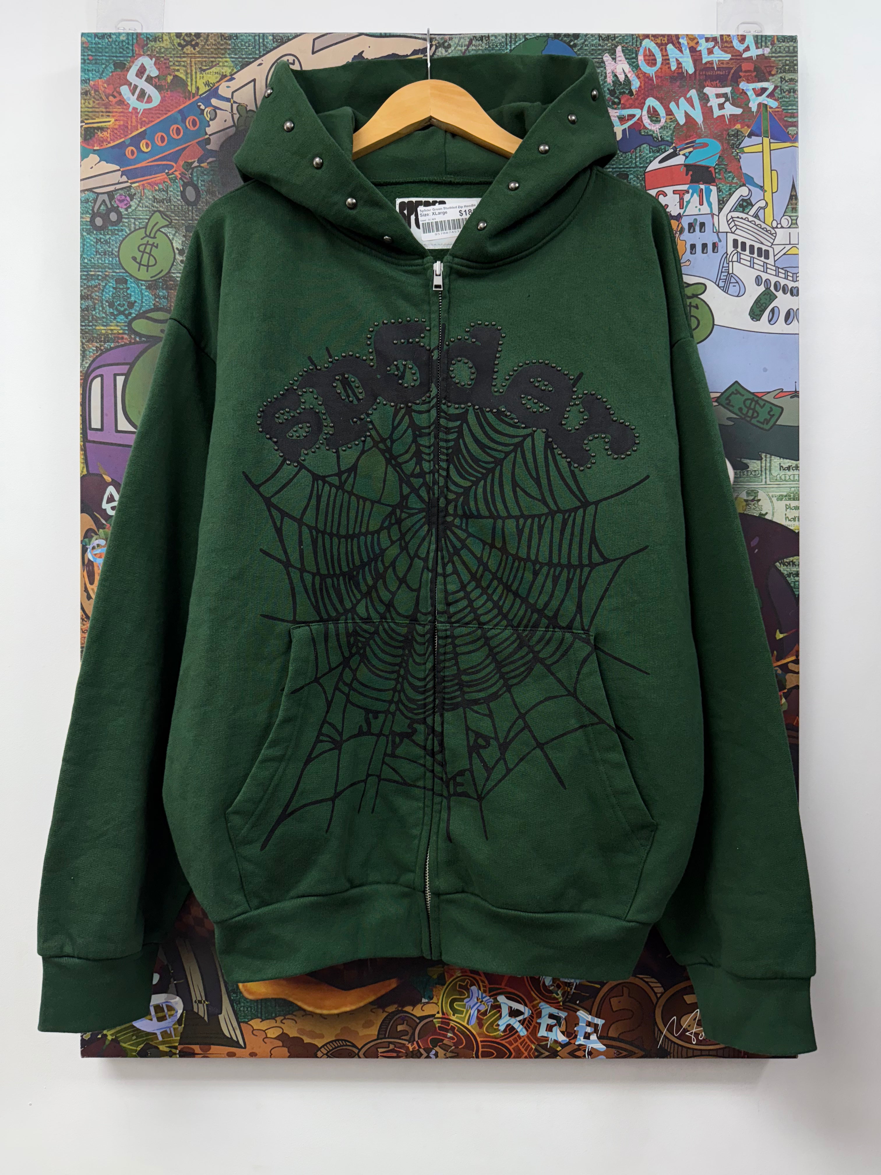 Sp5der Green Studded Zip Hoodie