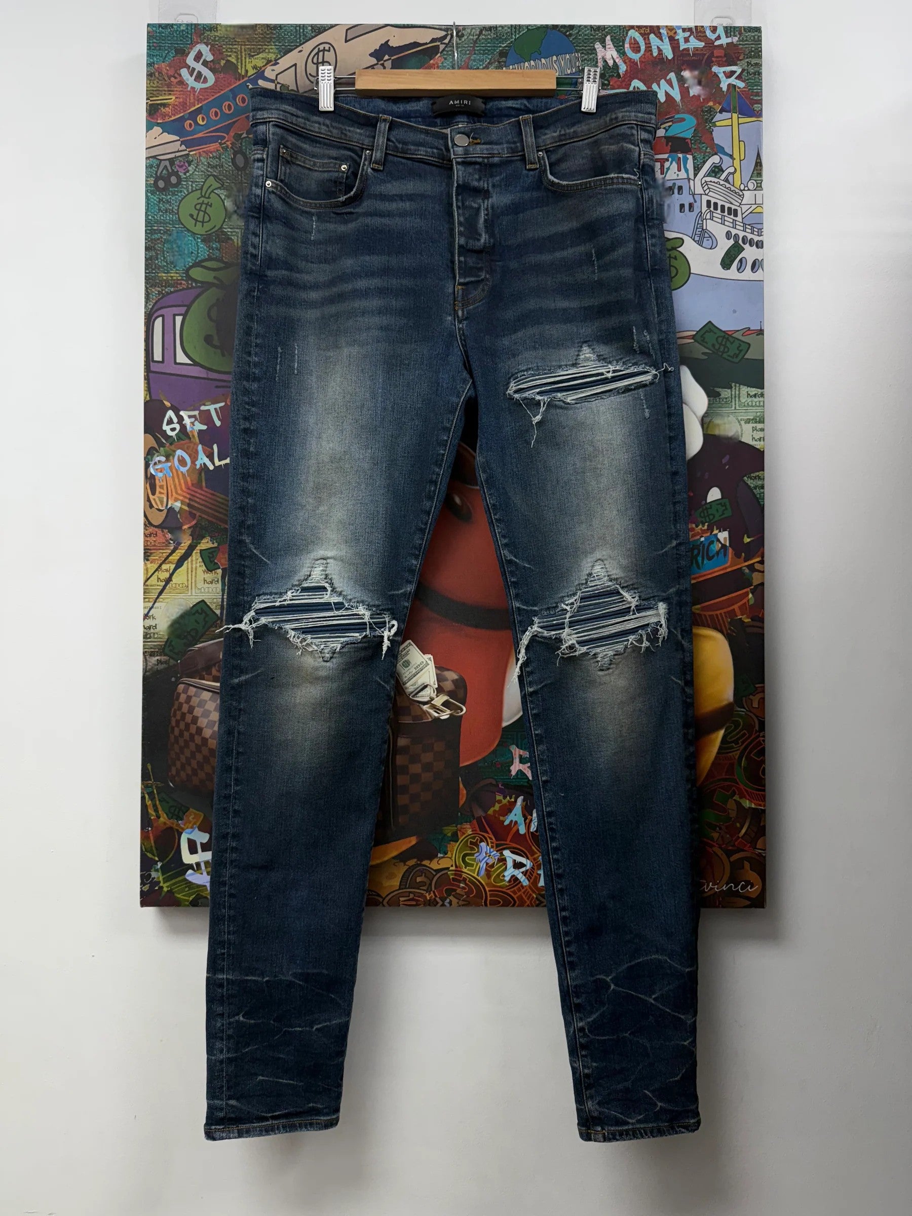 Amiri "MX1 Ultrasuede Patch" Light Wash & Blue Jeans