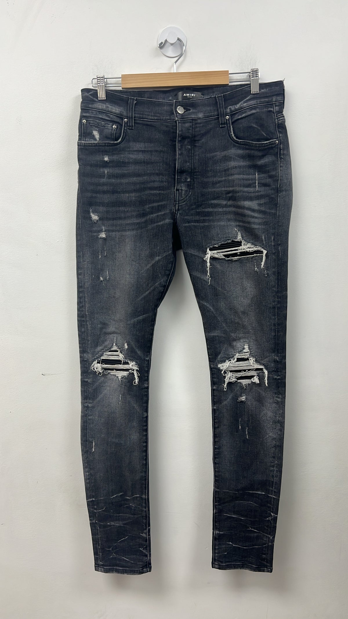 Amiri MX1 Storm Grey Black Leather Patch Jeans