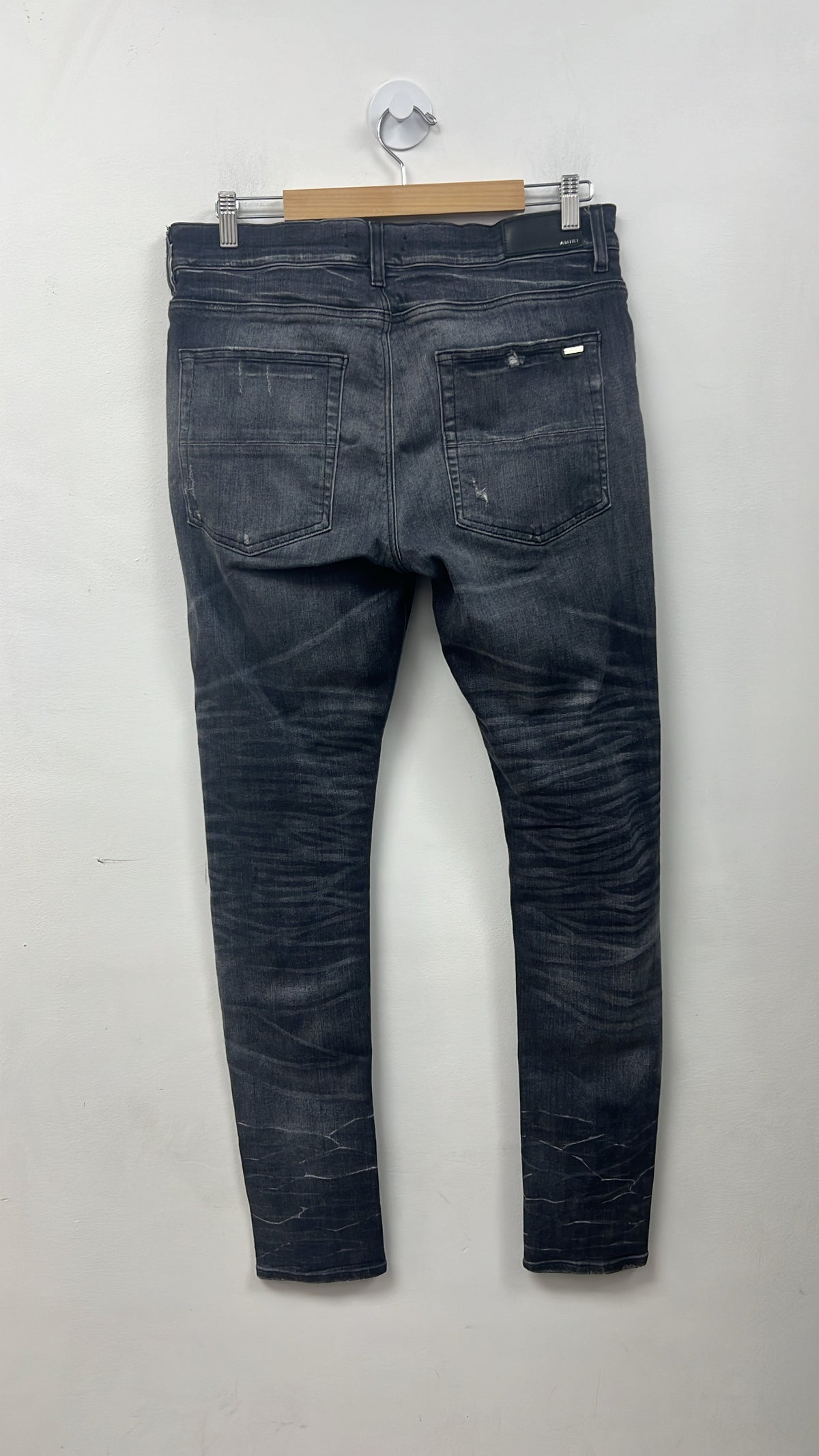 Amiri MX1 Storm Grey Black Leather Patch Jeans