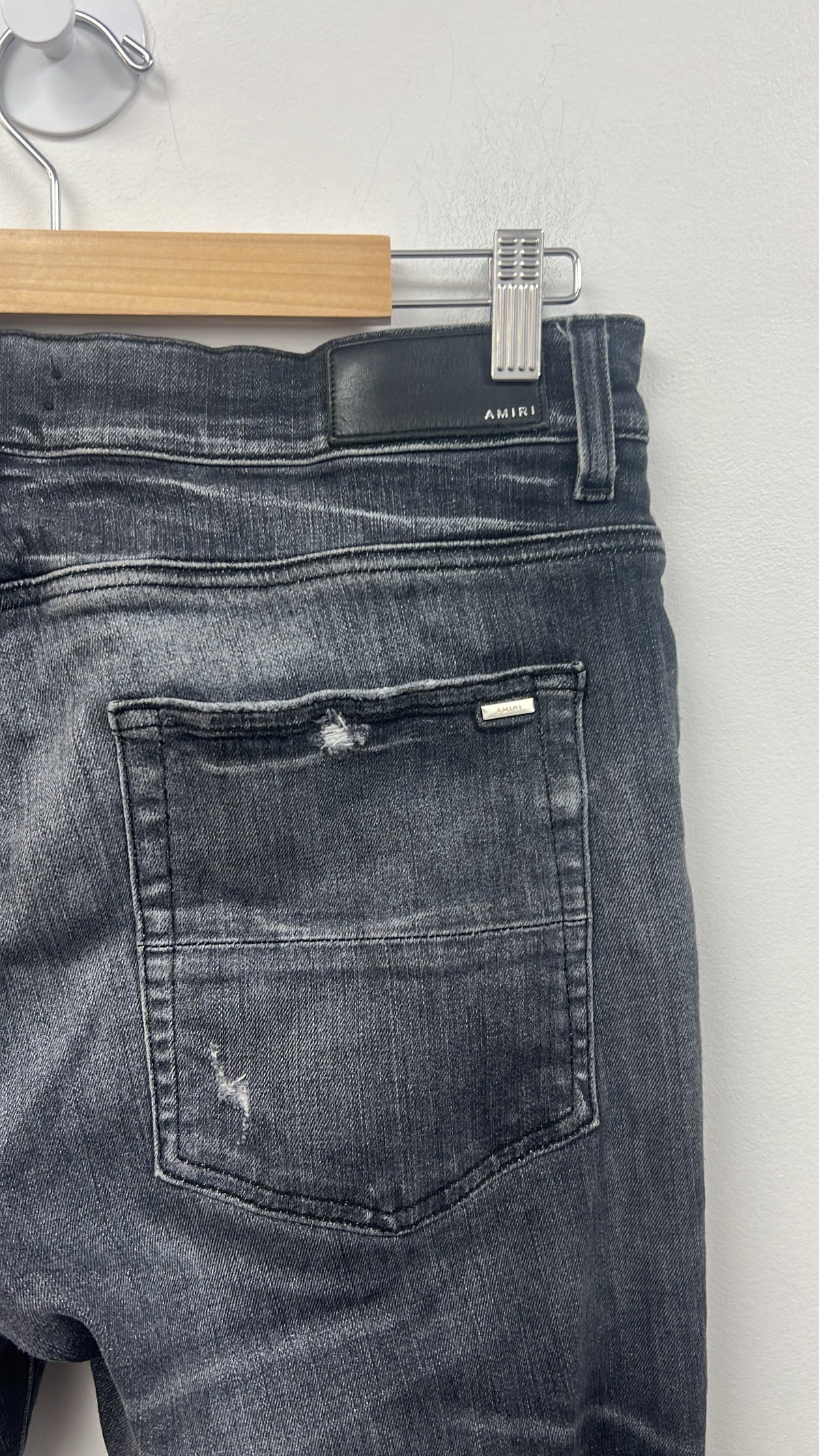 Amiri MX1 Storm Grey Black Leather Patch Jeans