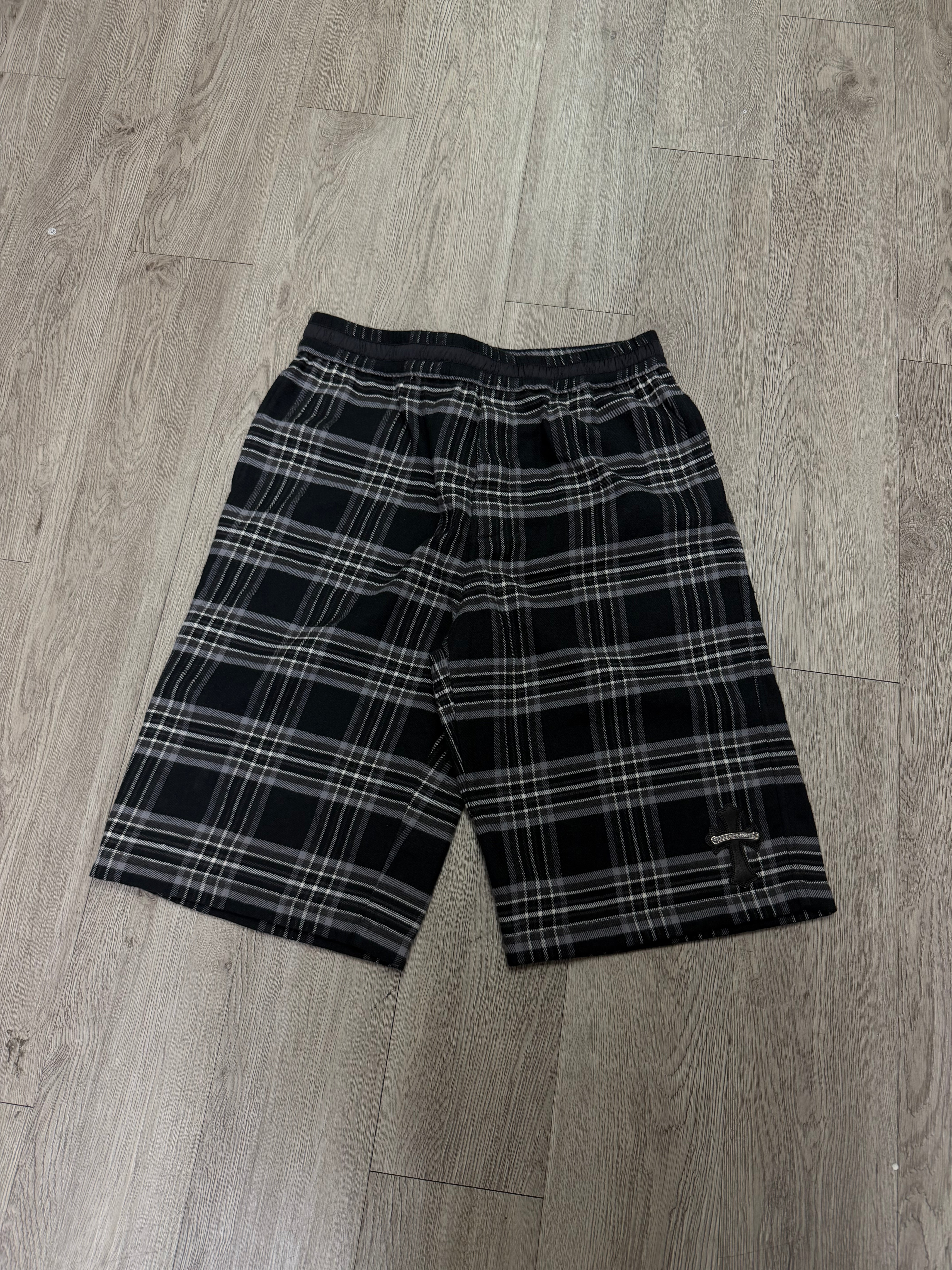 Chrome Hearts Plaid Black Leather Cross Patch Shorts
