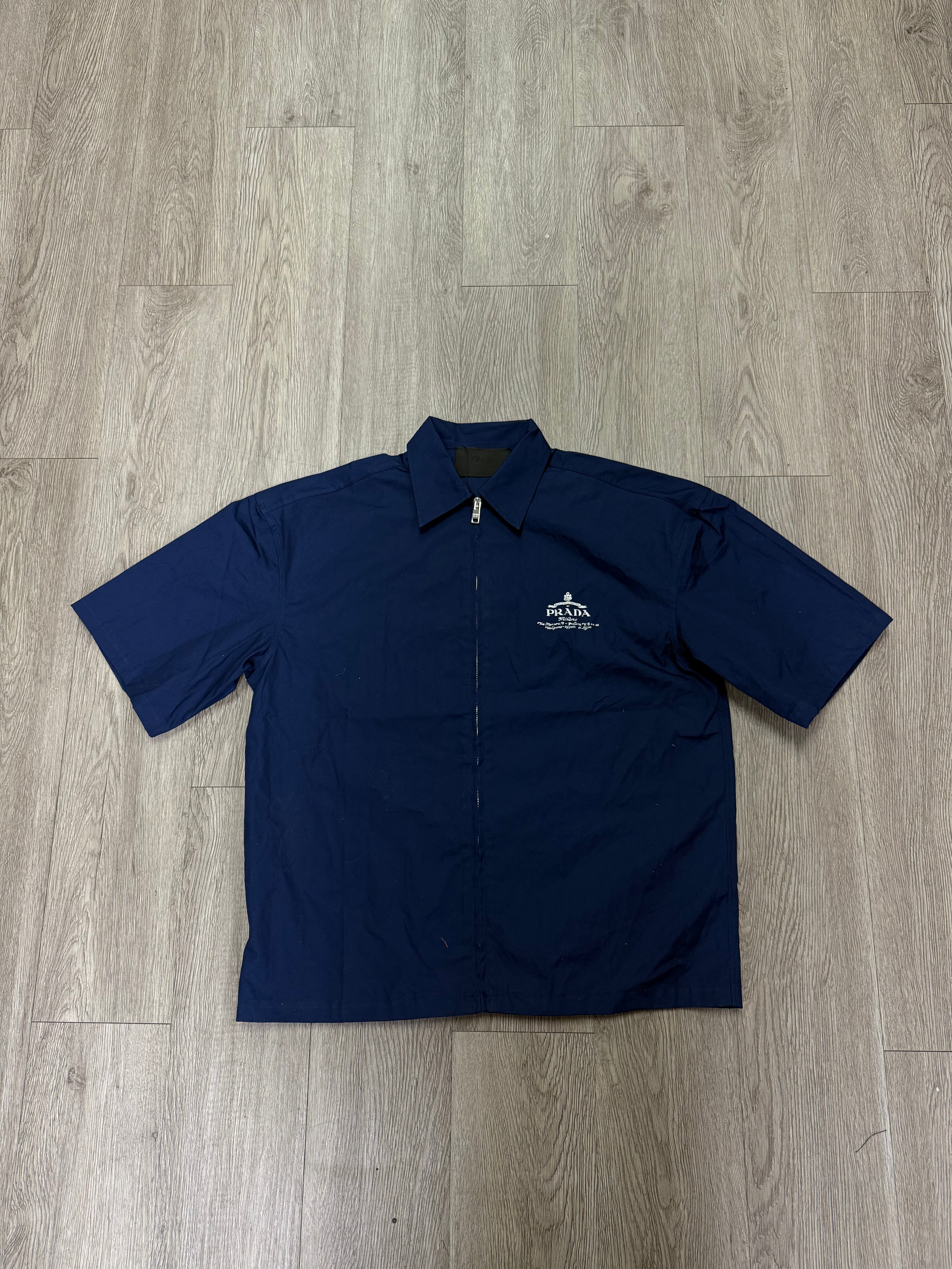 Prada Navy White Logo Zip Up Shirt