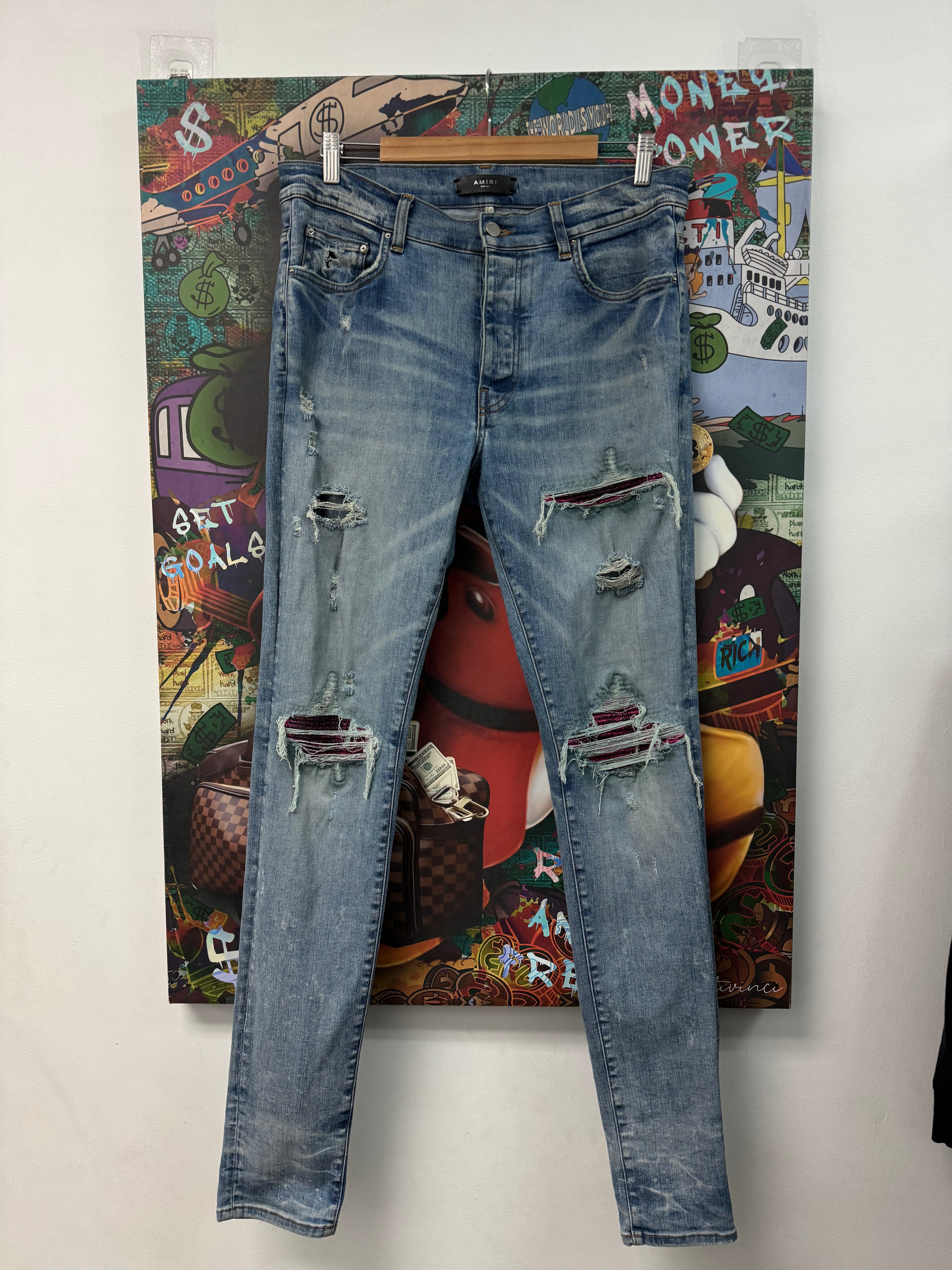 Amiri Light Wash Pink Crackle Patch Jeans