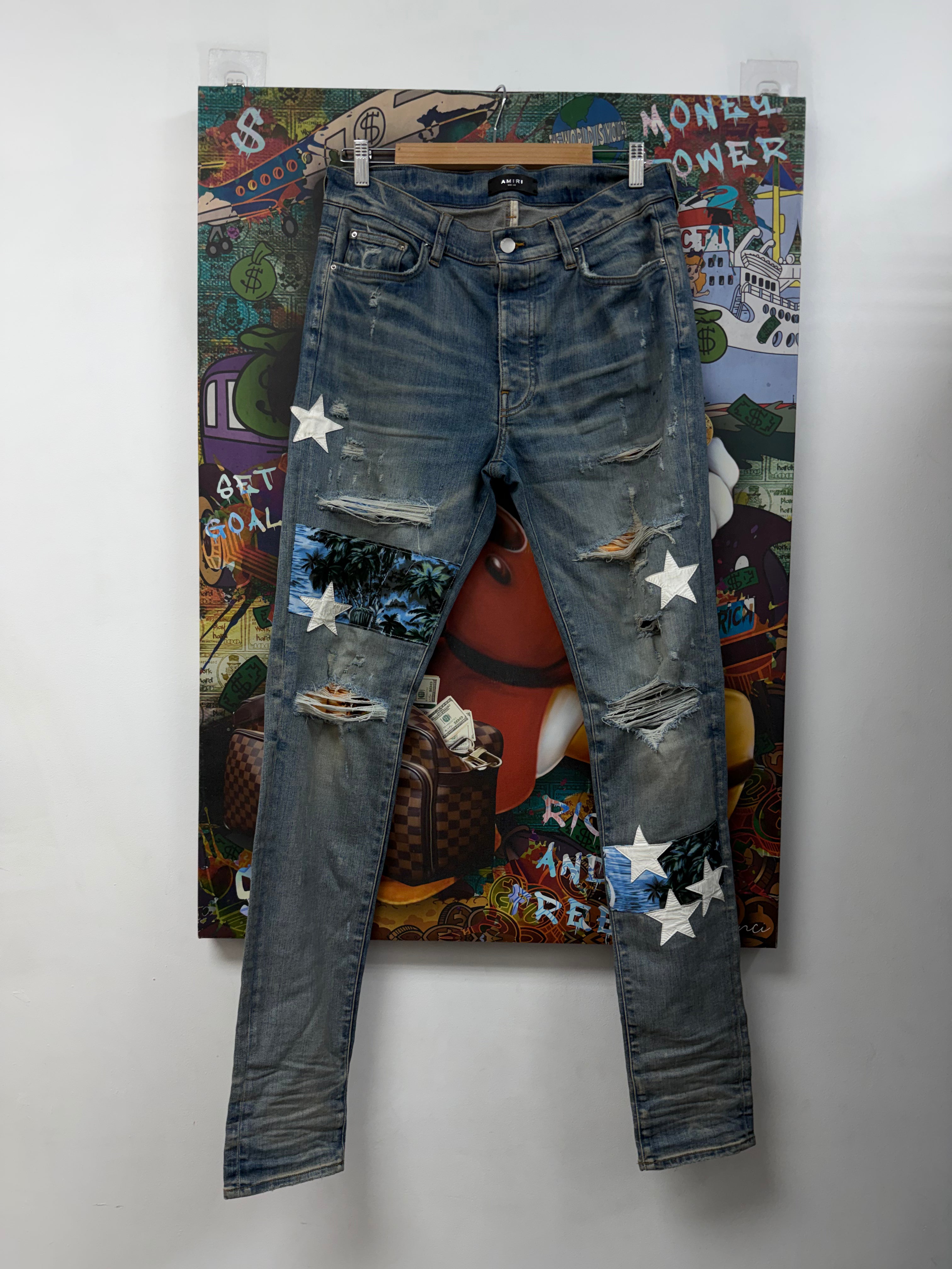 Amiri Light Wash Star Hawaii Patchwork Jeans