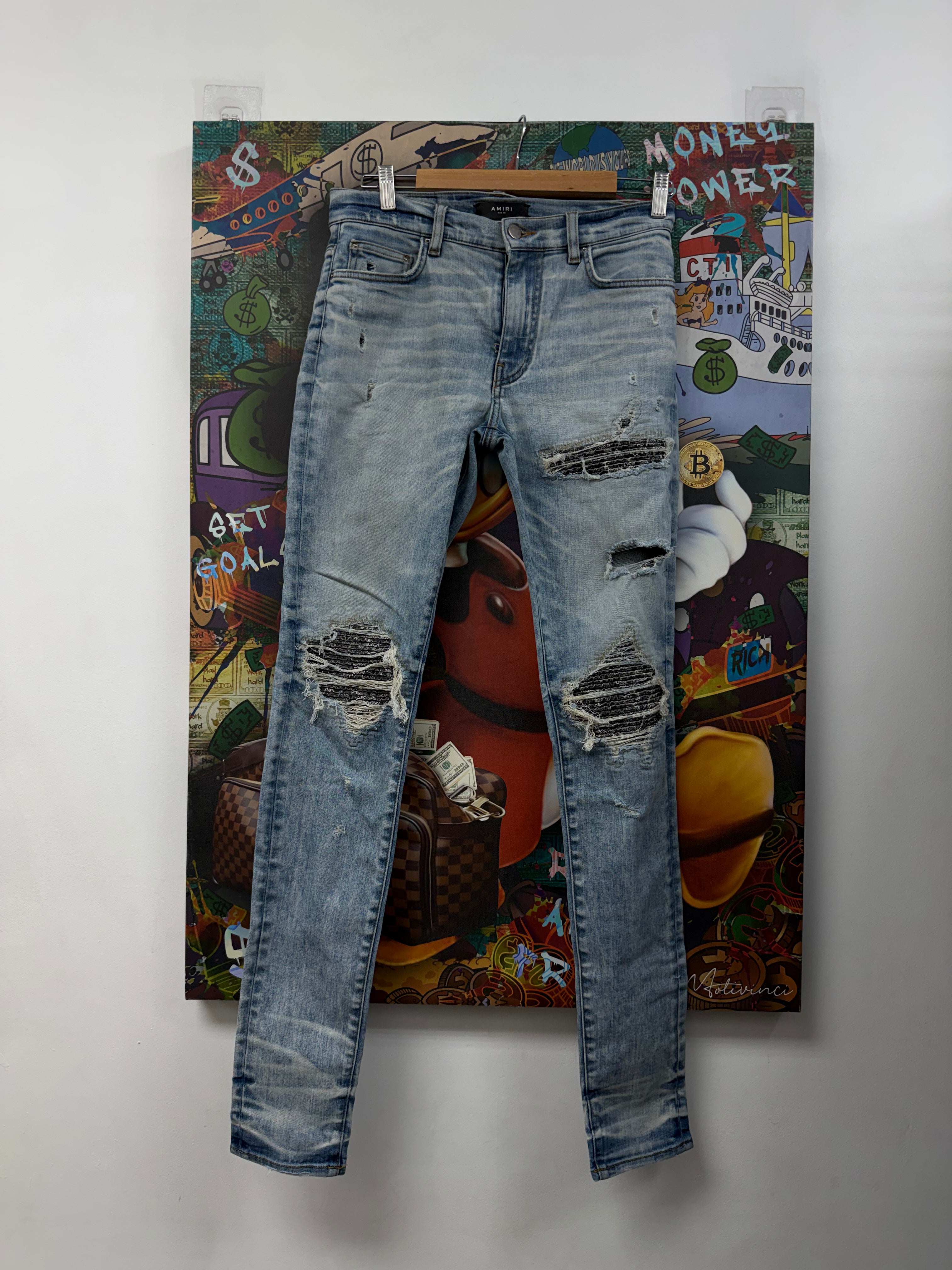 Amiri MX1 Light Wash Black Paisley Patch Jeans