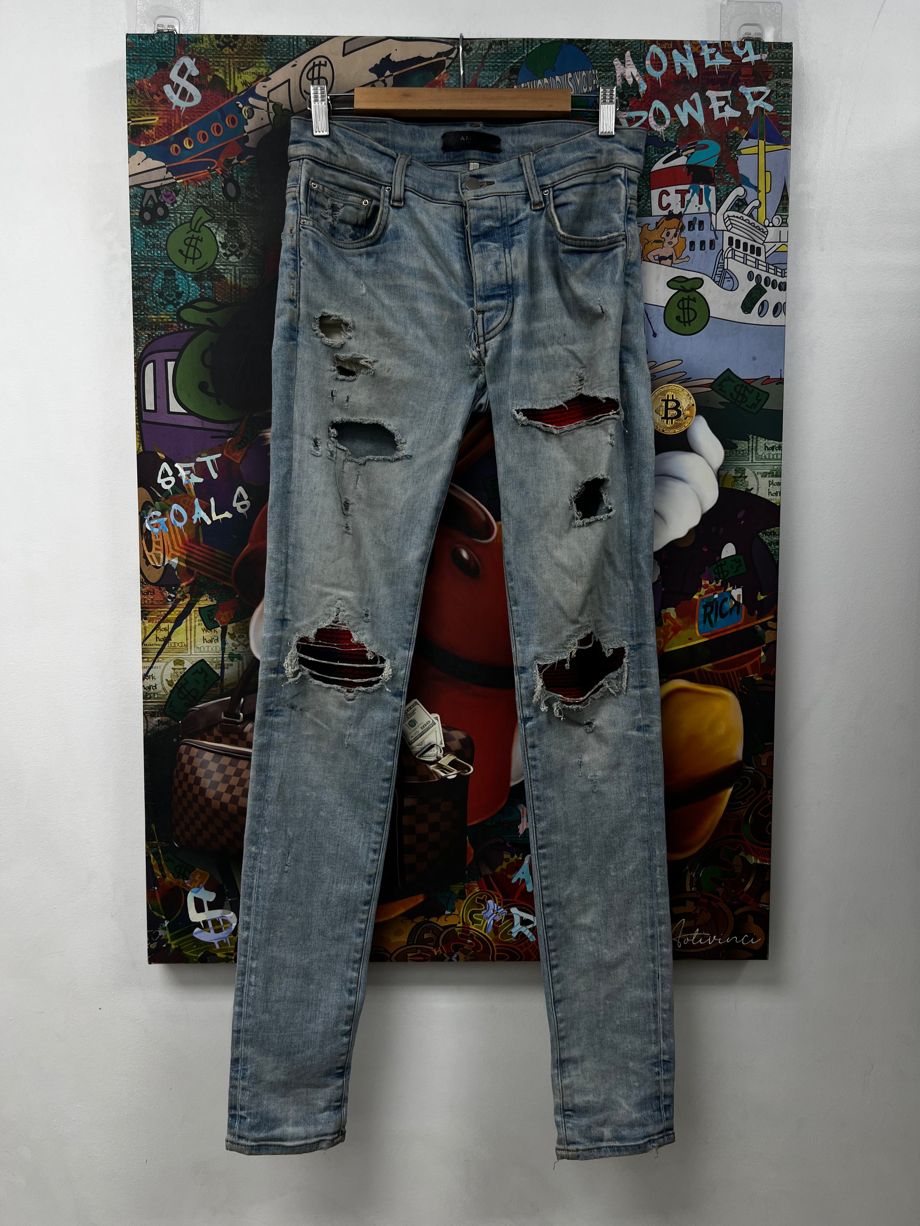 Amiri MX1 Light Wash Navy Red Plaid Patch Jeans (Repaired)