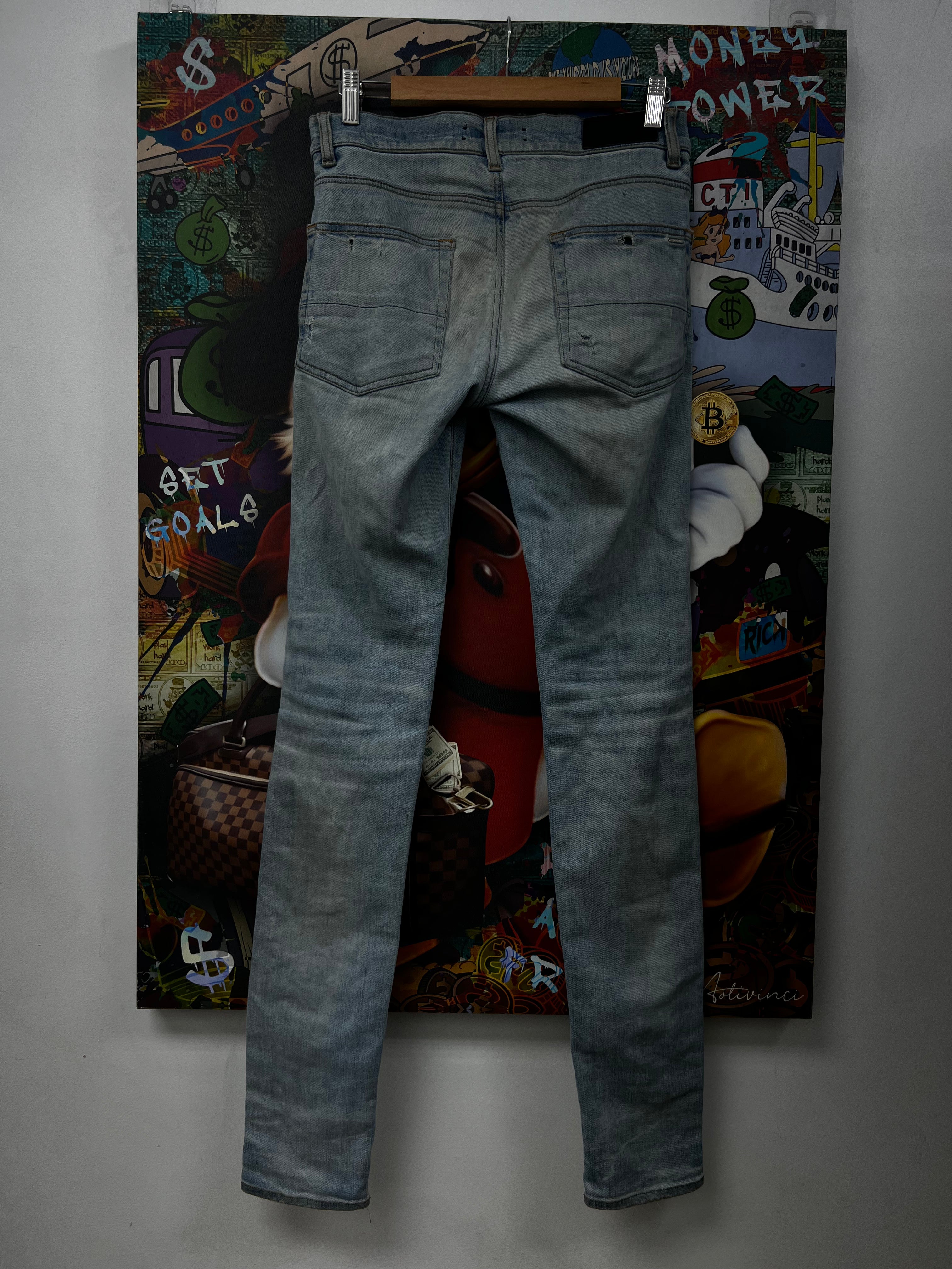 Amiri MX1 Light Wash Navy Red Plaid Patch Jeans (Repaired)