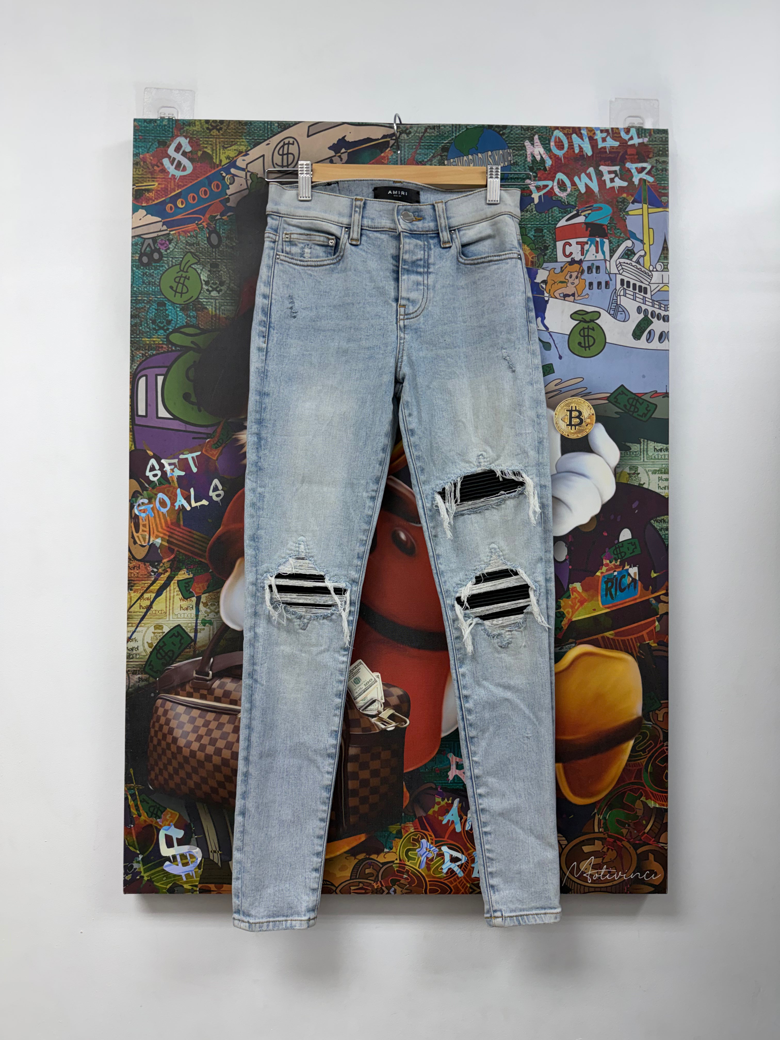 Amiri MX1 Stone Wash Womens Black Leather Patch Jeans