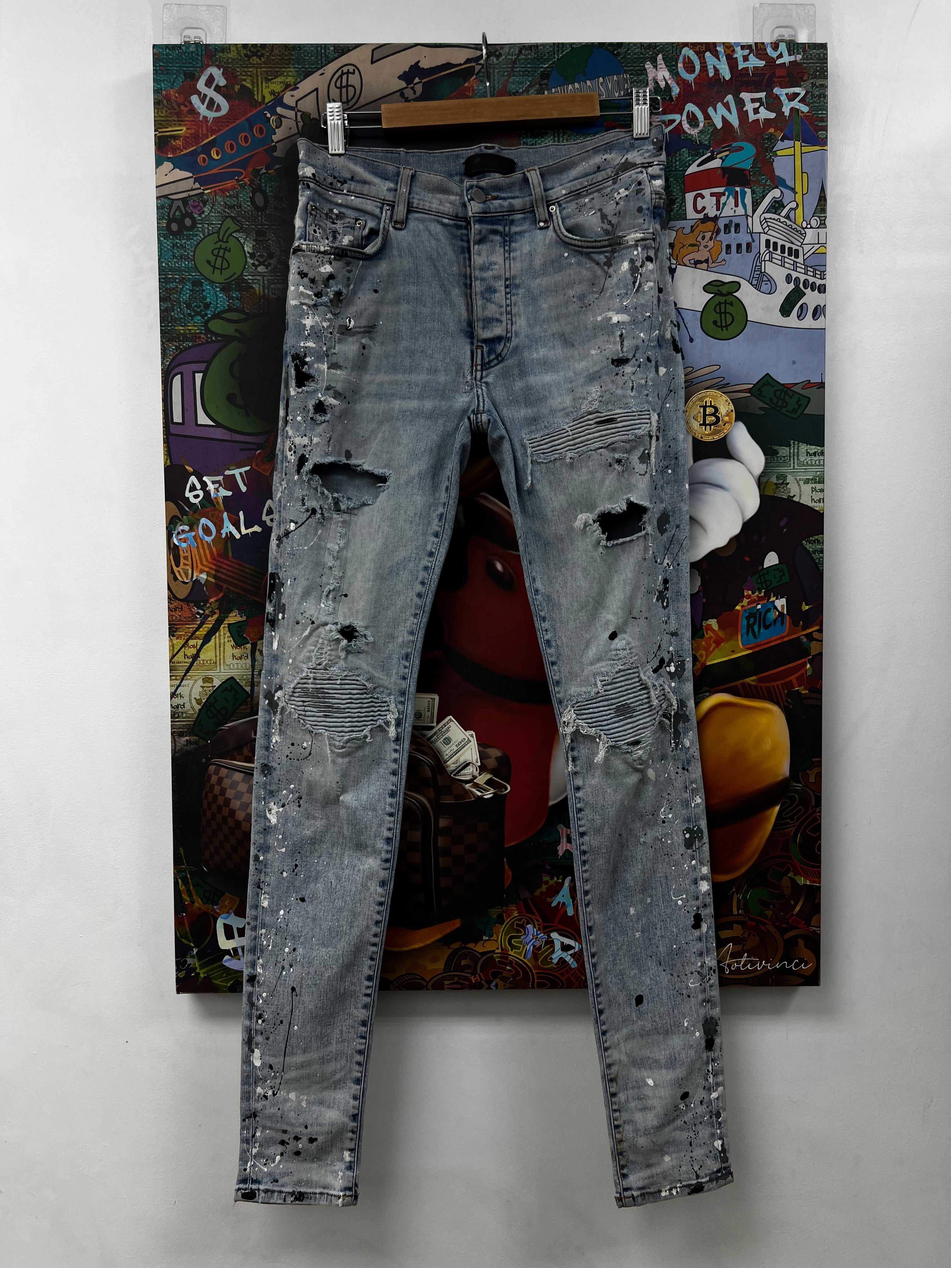 Amiri MX1 Light Wash Denim Paint Splatter Patch Jeans (Repaired)