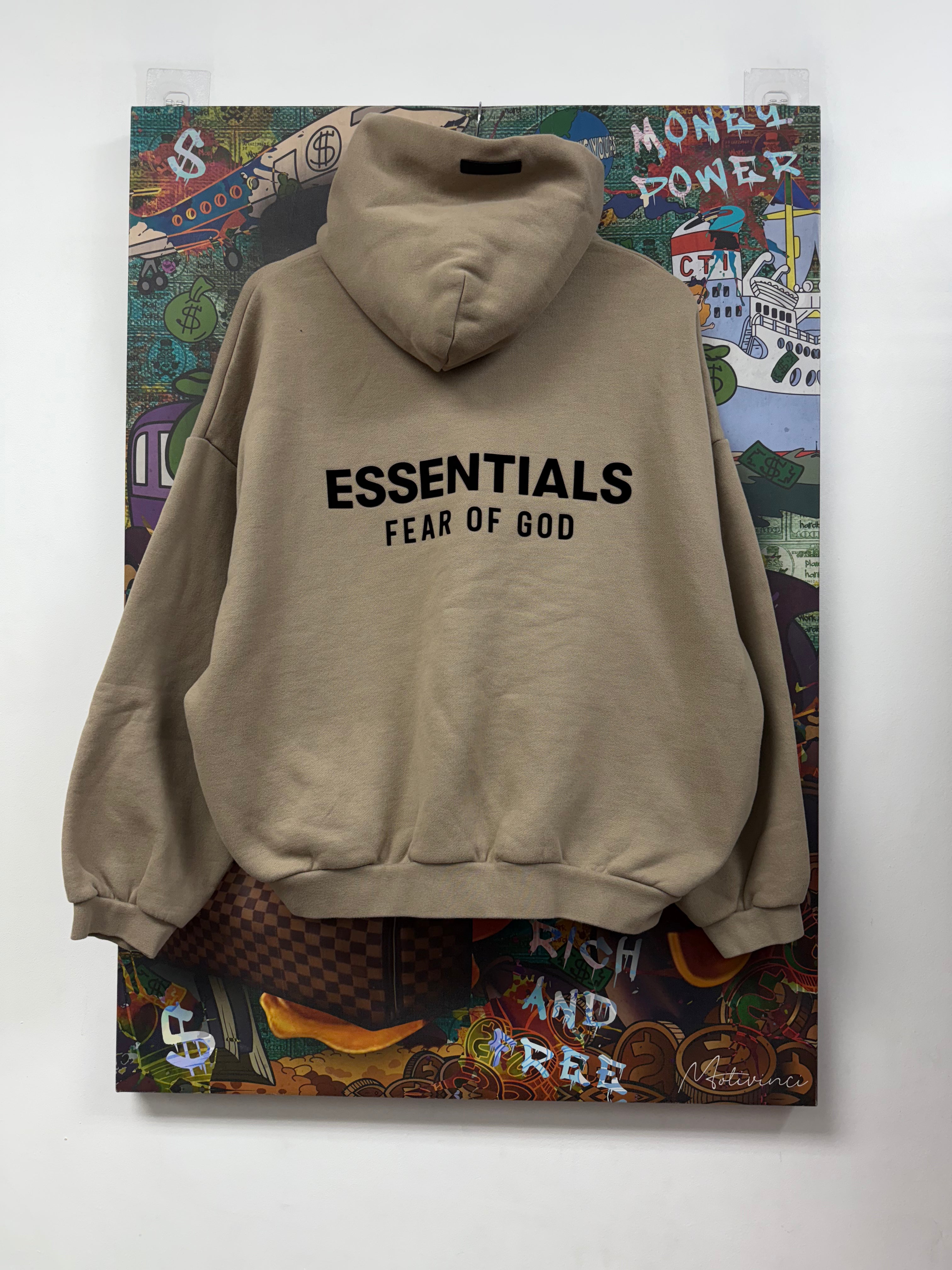 Essentials Tan Black Logo Pullover Hoodie