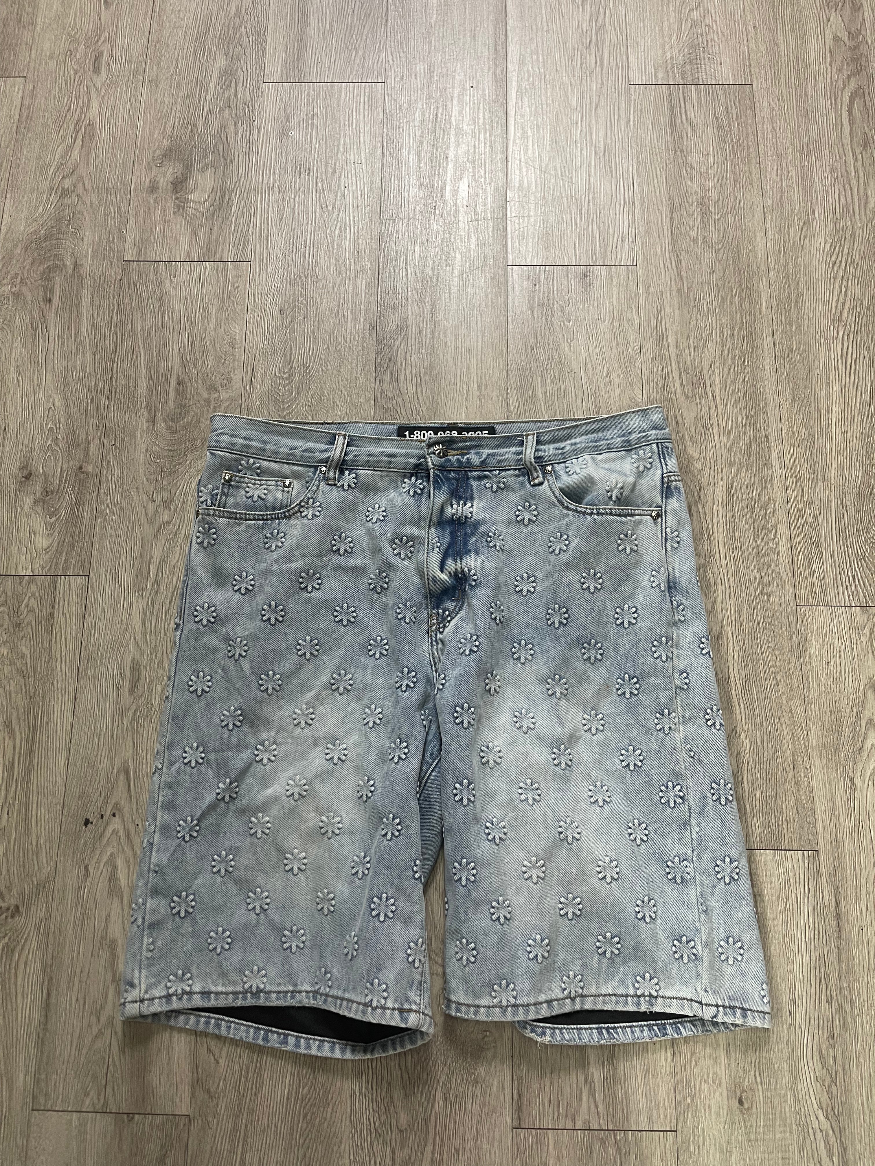 LOST SHDWS Light Wash Embossed Jean Shorts